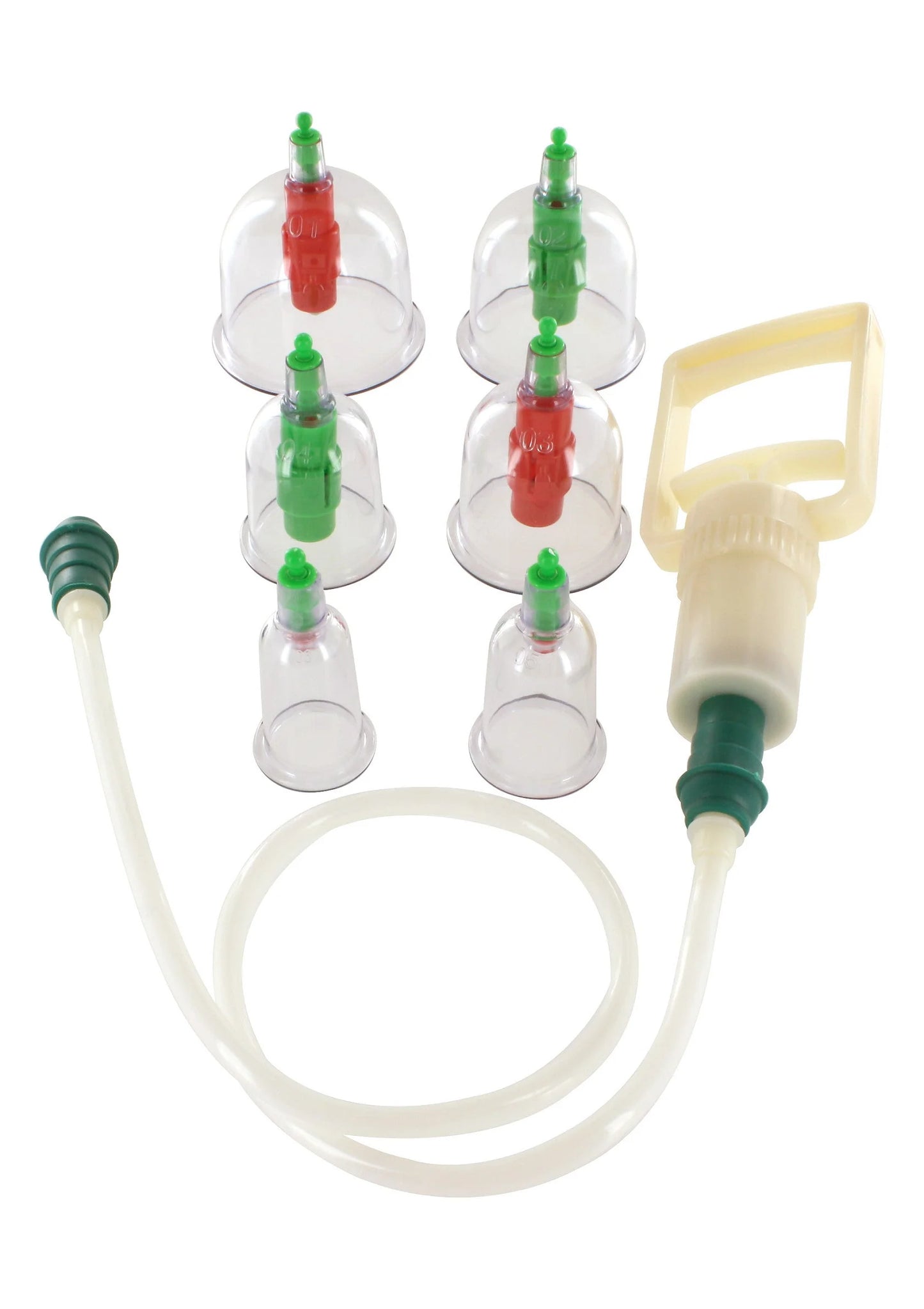 Cupping vacuüm cupset met cups in groen en rood, plus slang en handpomp