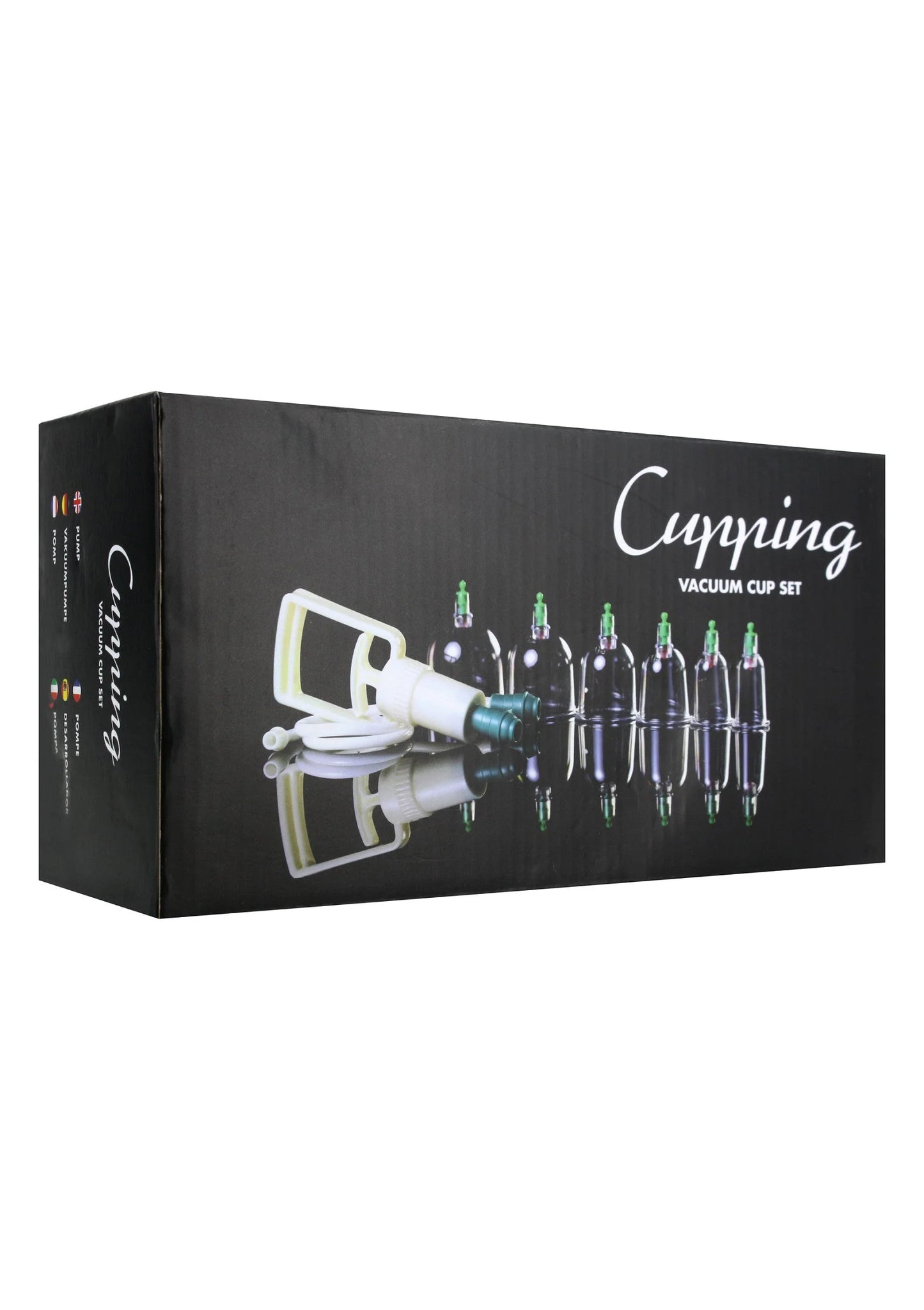 Cupping vacuüm cupset doos met illustratie van vacuümpomp en cups