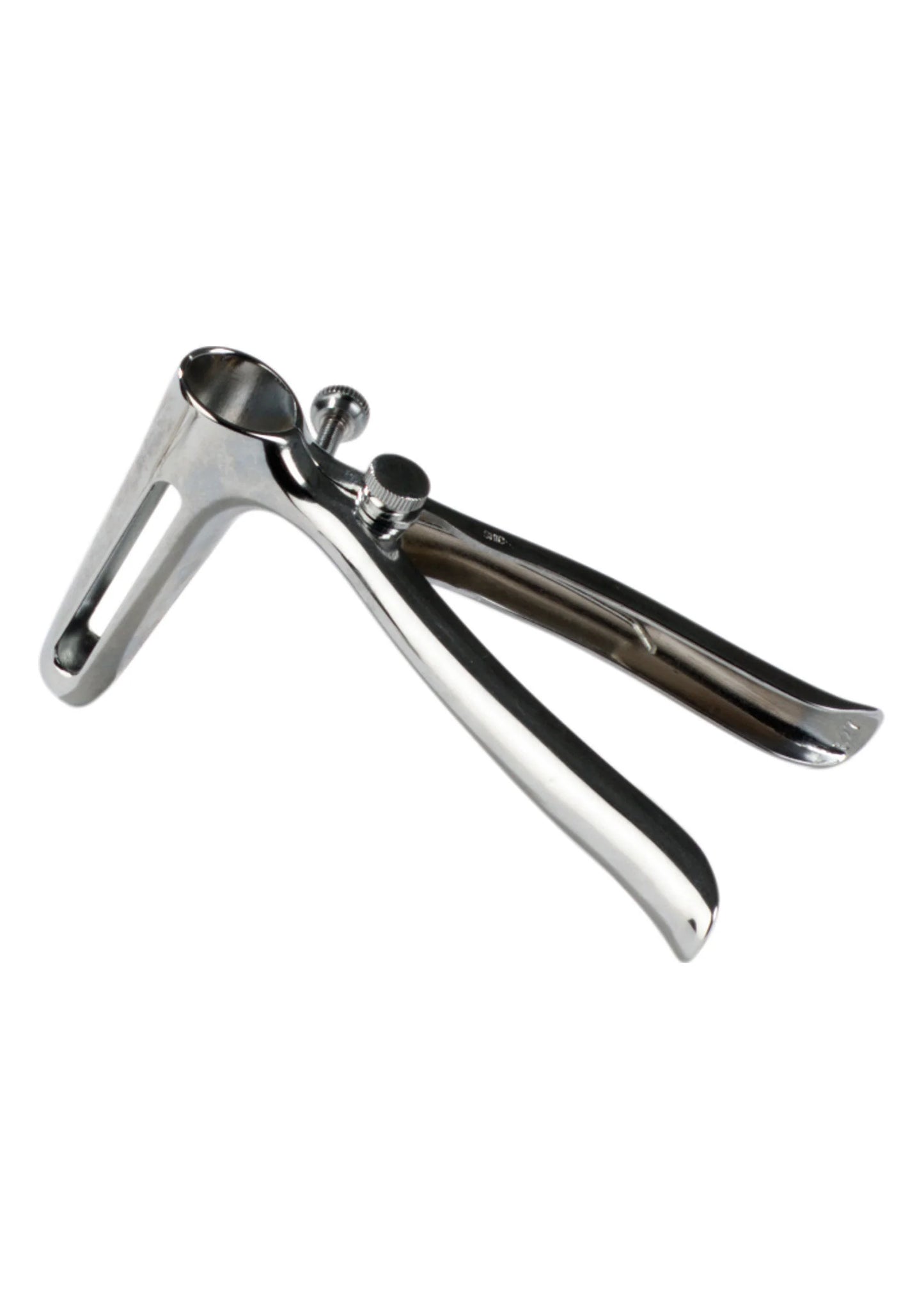 Anale speculum met twee gebogen ringen en centrale scharnier, glanzend zilverkleurig metaal