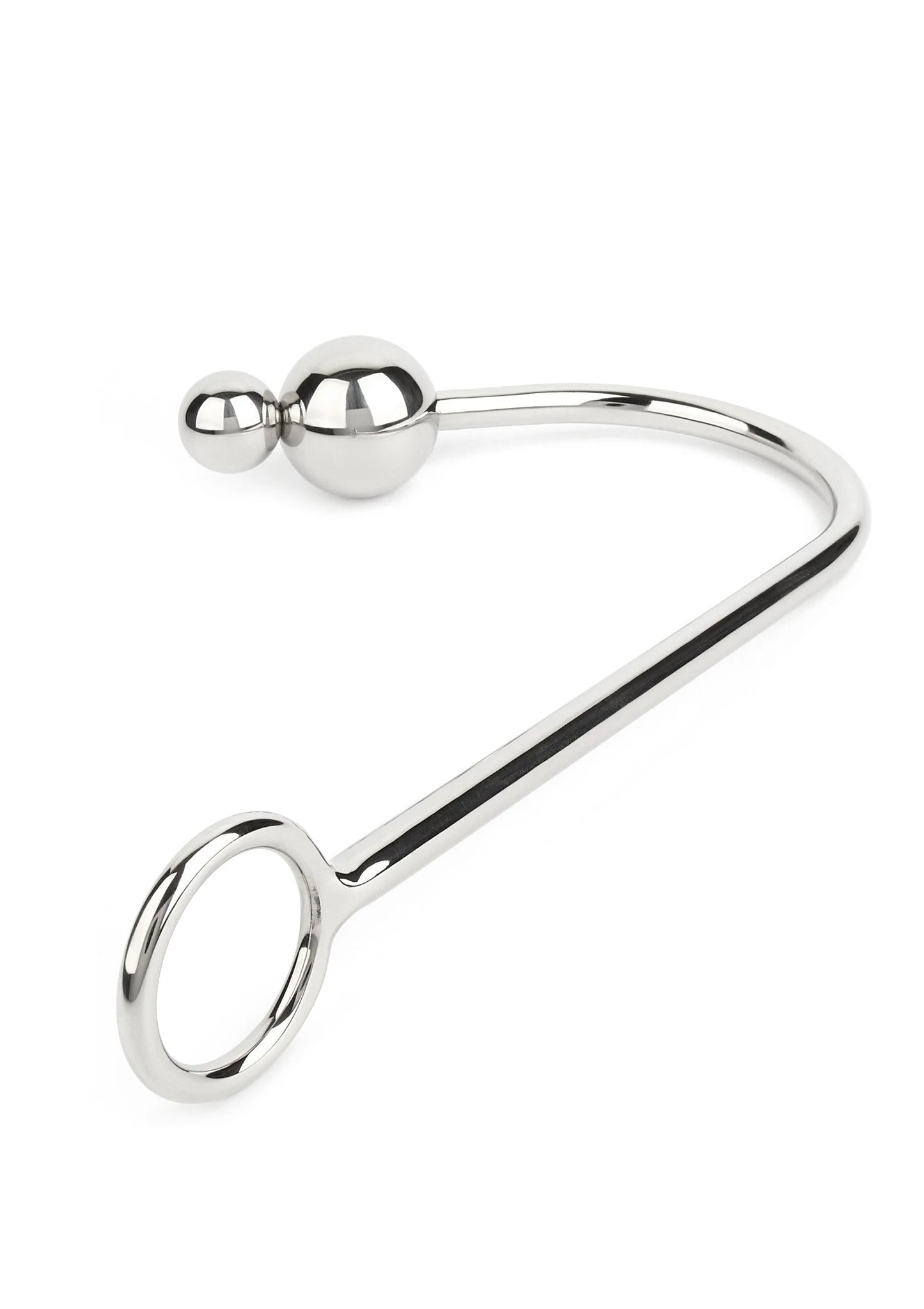 RVS anale hook met twee glanzende ballen en open oogvormige haak, zijkant