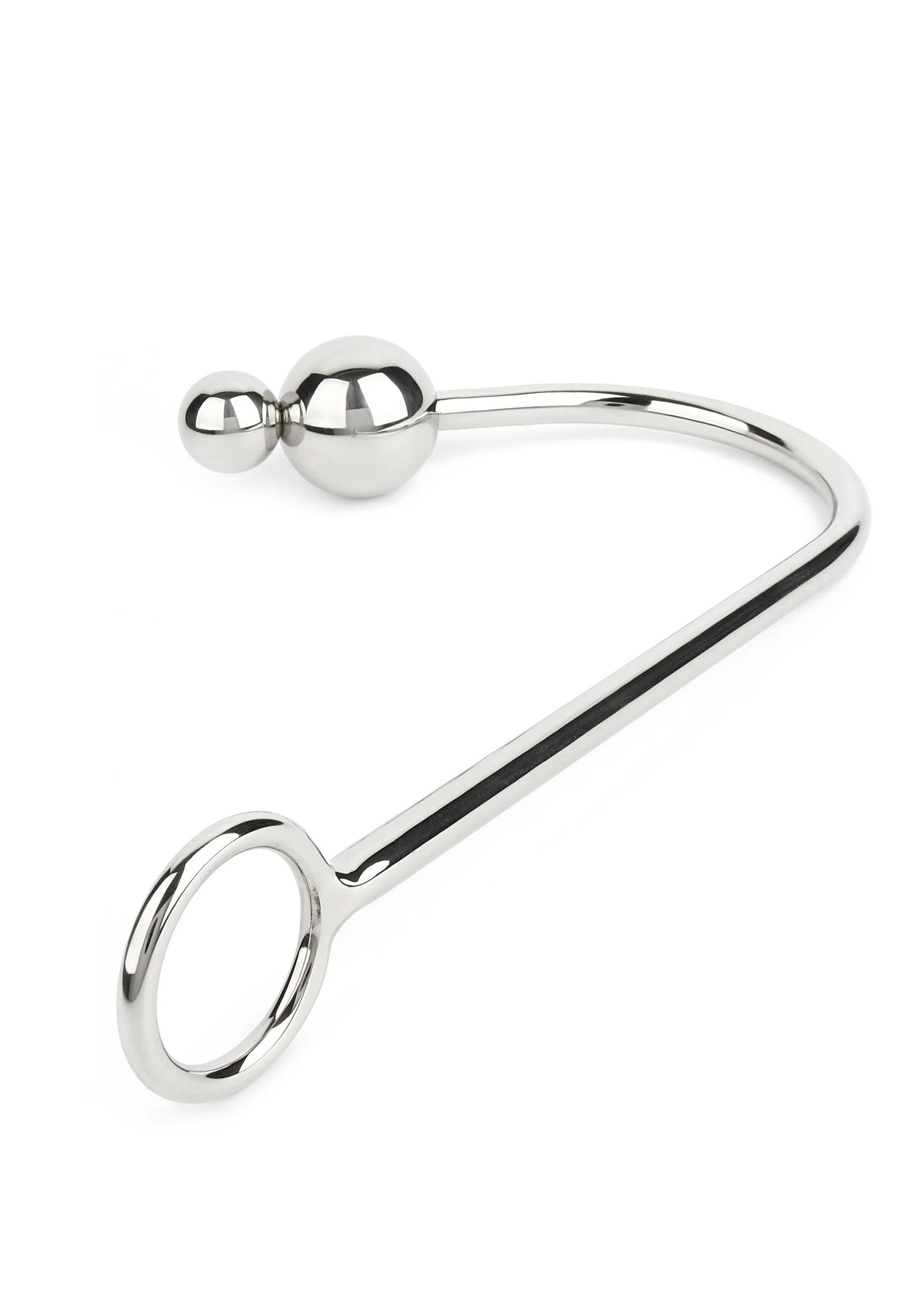 RVS anale hook met twee glanzende ballen en open oogvormige haak, zijkant