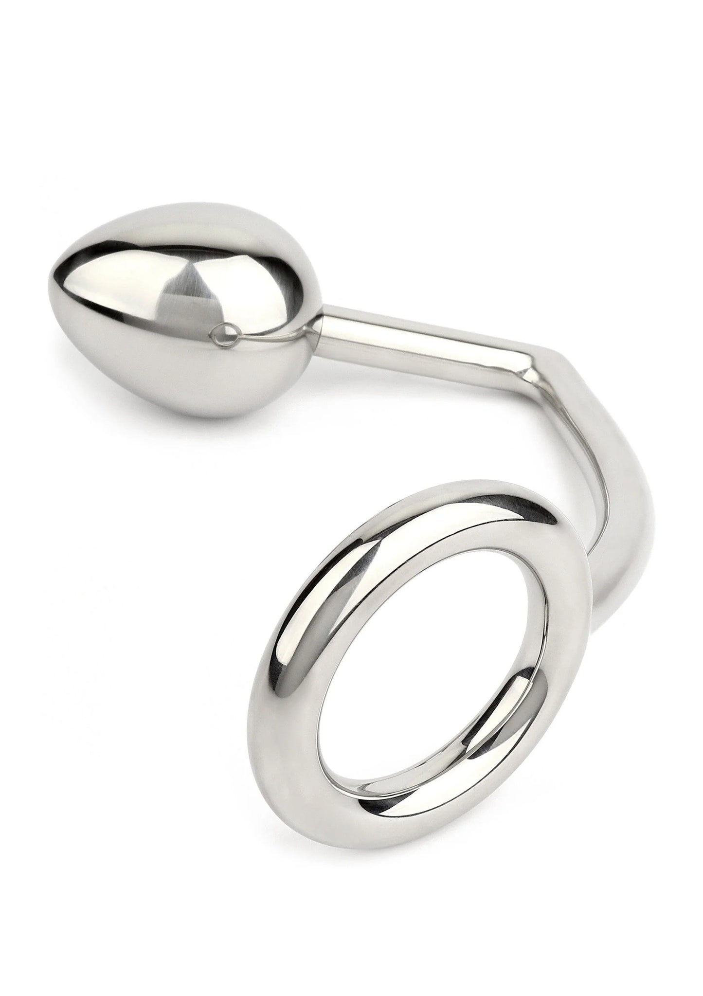 Metalen trekhaak met ovale ring en ei-vormige knop, glanzend zilver, zijaanzicht