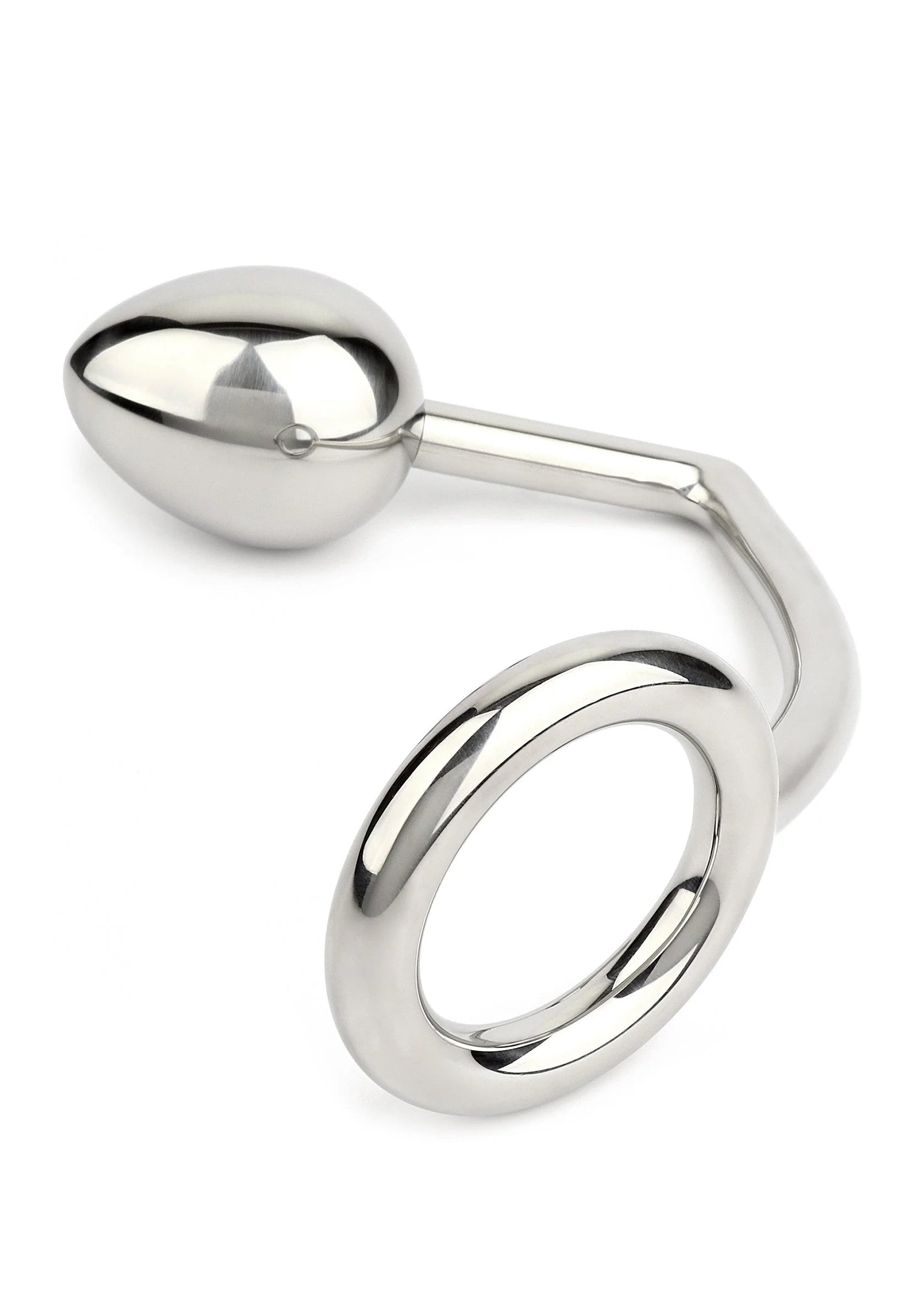 Metalen trekhaak met ovale ring en ei-vormige knop, glanzend zilver, zijaanzicht