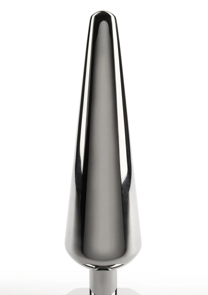 Metalen anale plug met conische vorm en afgeronde basis, spiegelend chroom