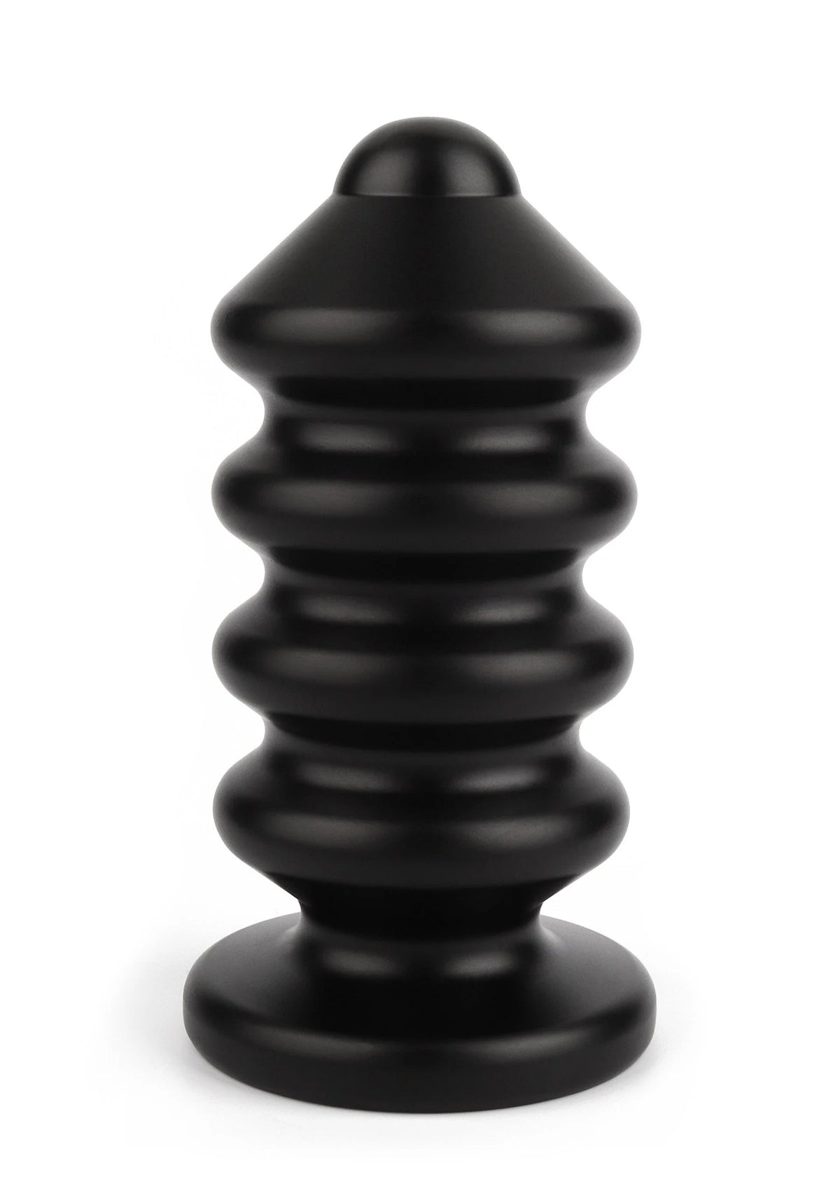 Zwarte anale plug met puntige top, geribbelde middengedeelte en brede voet.