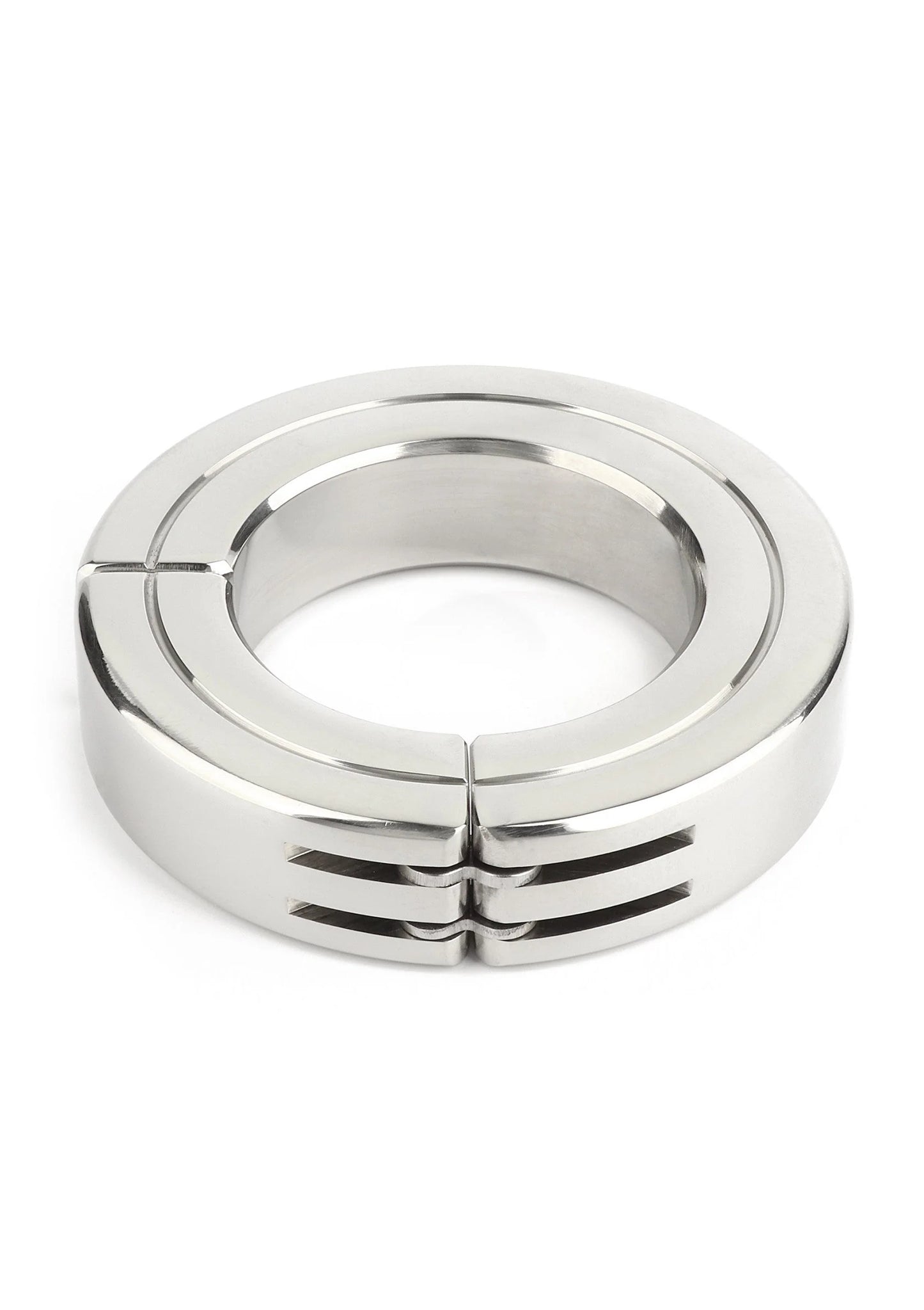 Zilverkleurige metalen cockring met sleuven en scharnierpunt