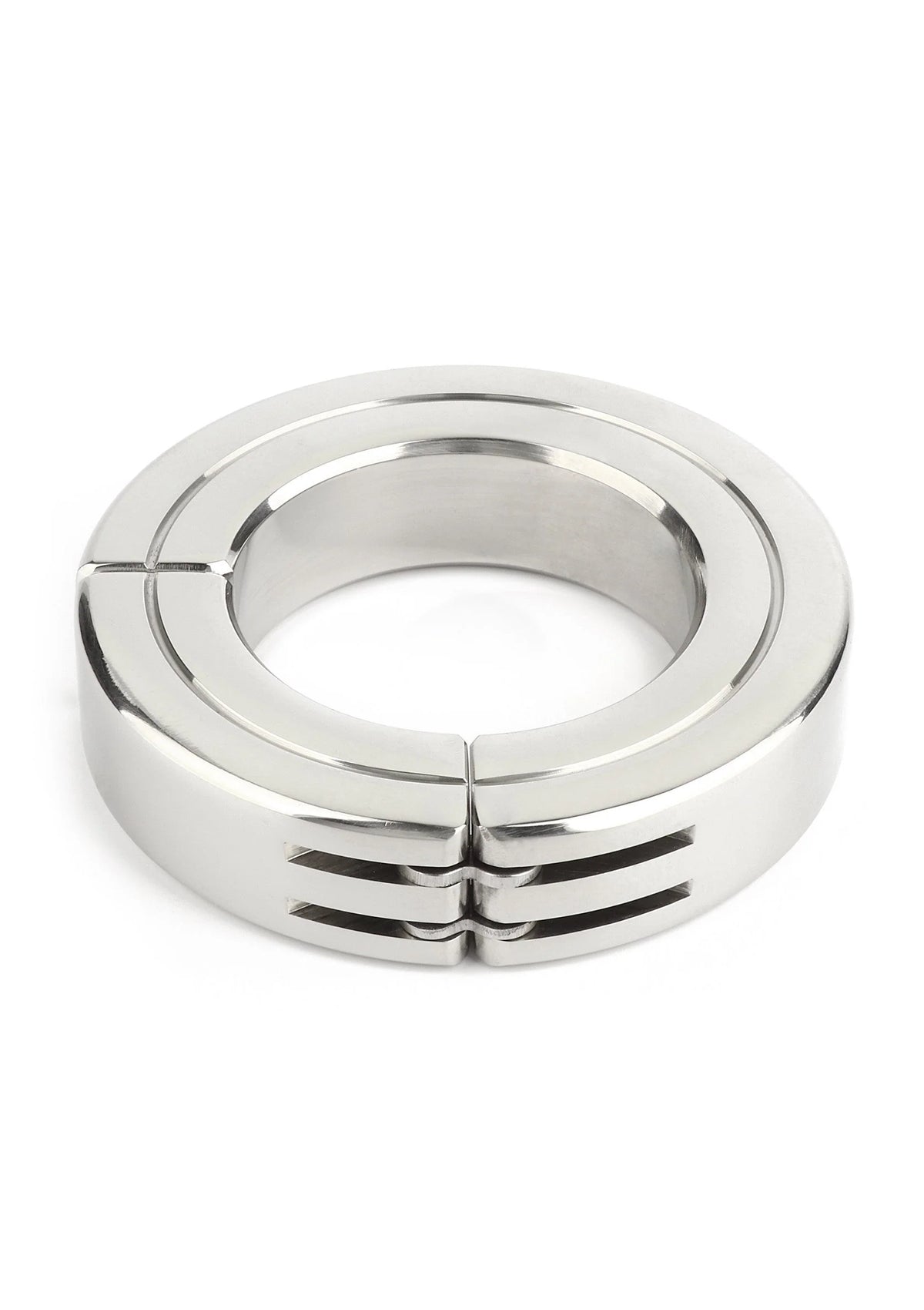 Zilverkleurige metalen cockring met sleuven en scharnierpunt