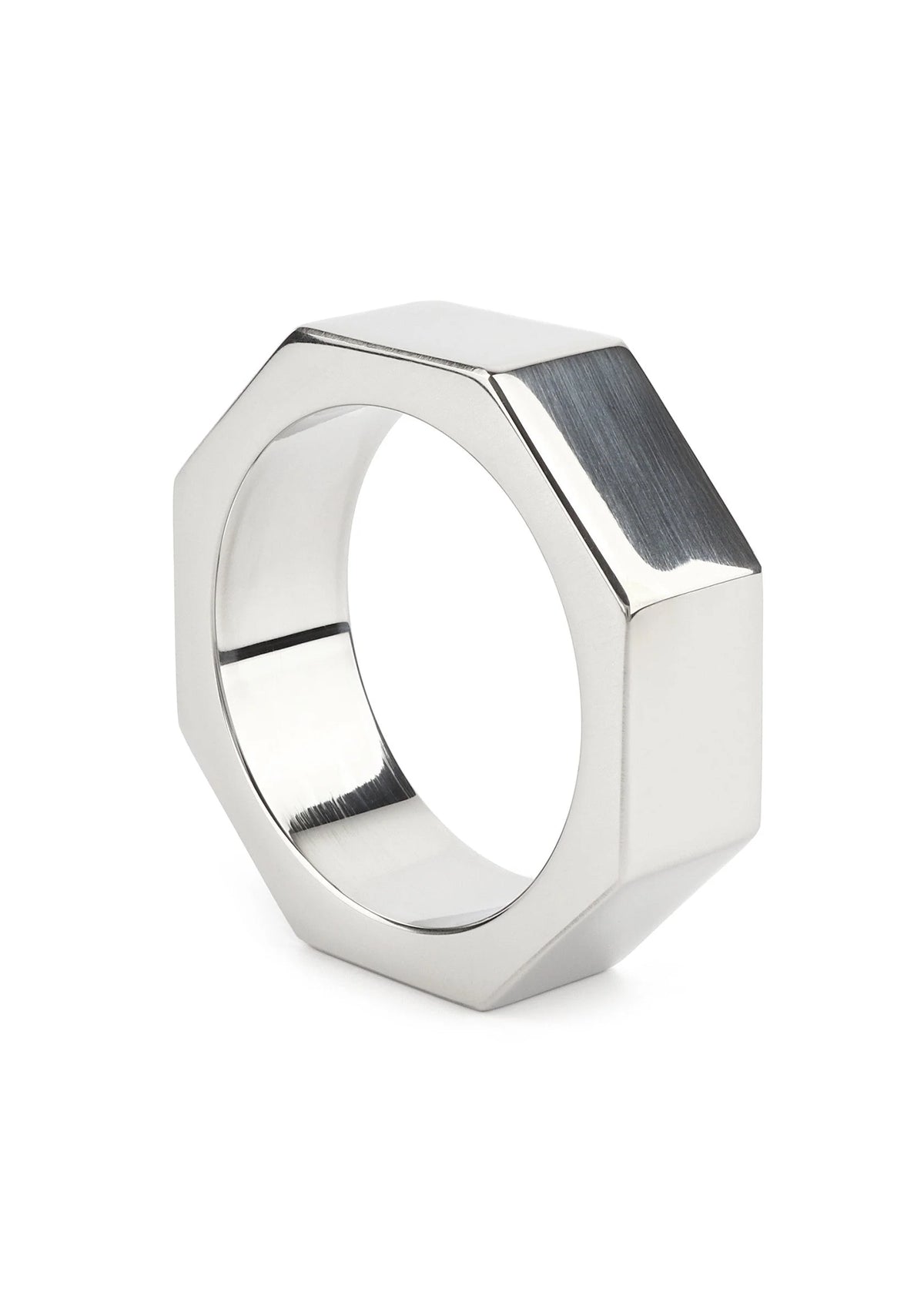Stalen hex ringmoer met glanzende afwerking, ronde opening en schuine zijvlakken