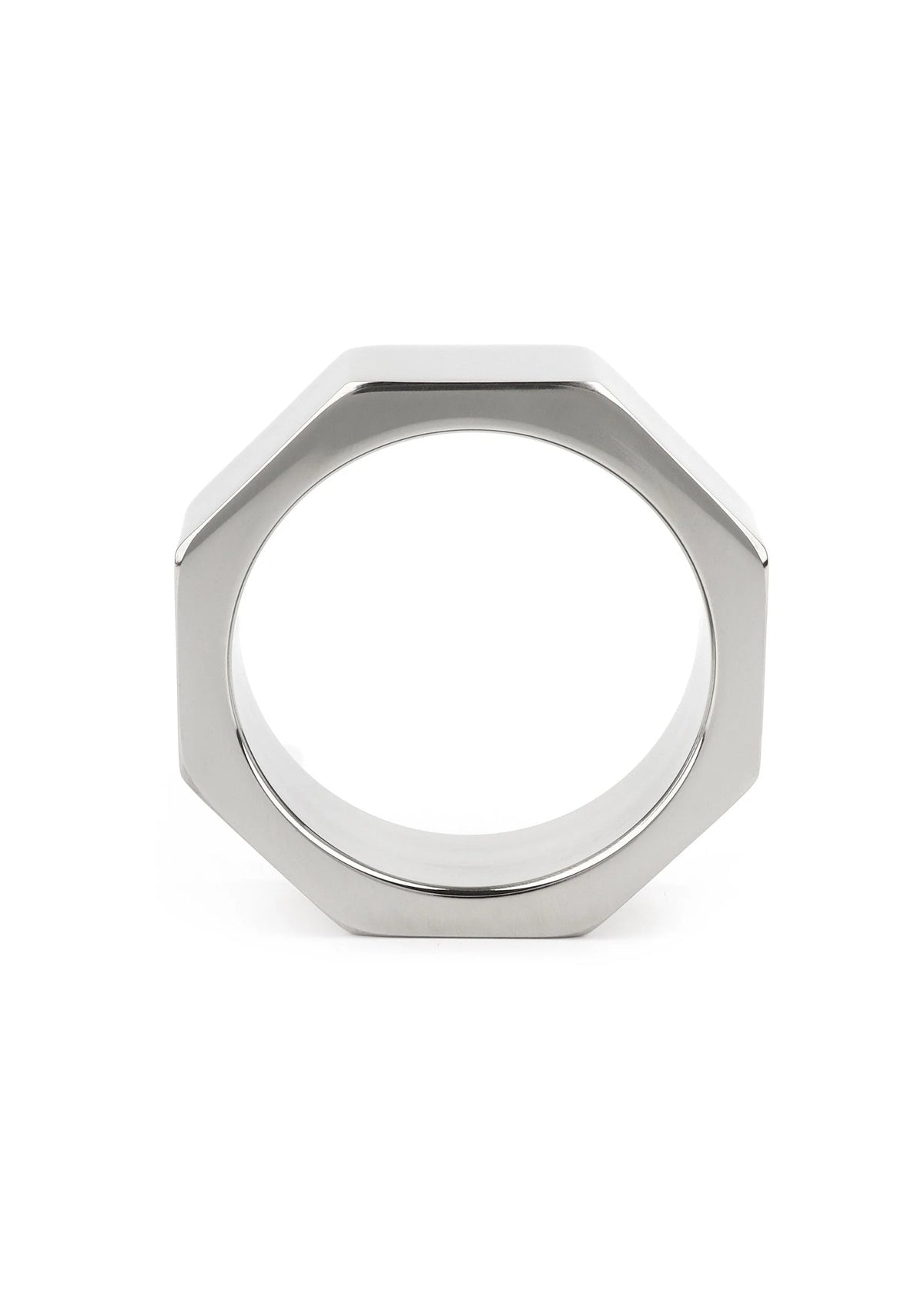 Zilverkleurige hexagonale metalen ring met open ronde opening.