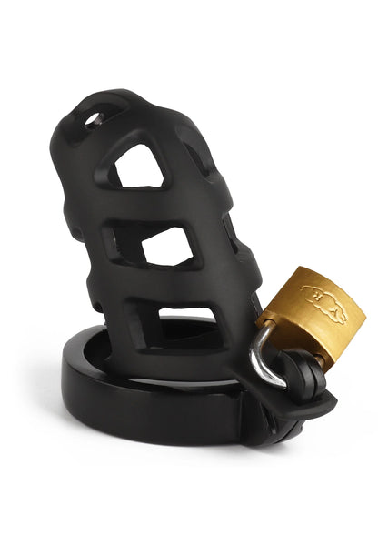 Zwarte kuisheidskooi met gouden hangslot en metalen ring, Mr. Steel