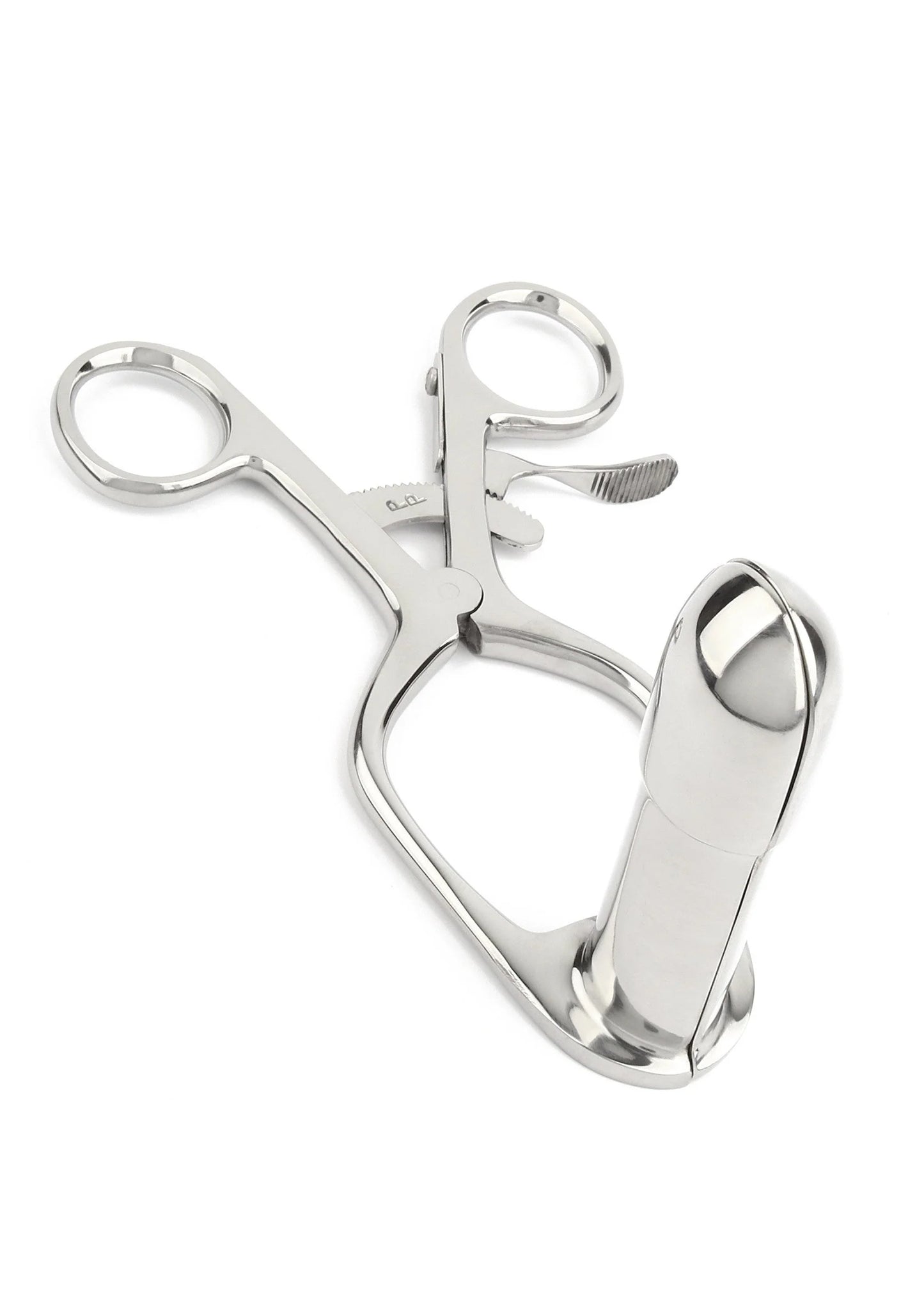 Klein RVS rectaal speculum met ronde ringen en veermechanisme