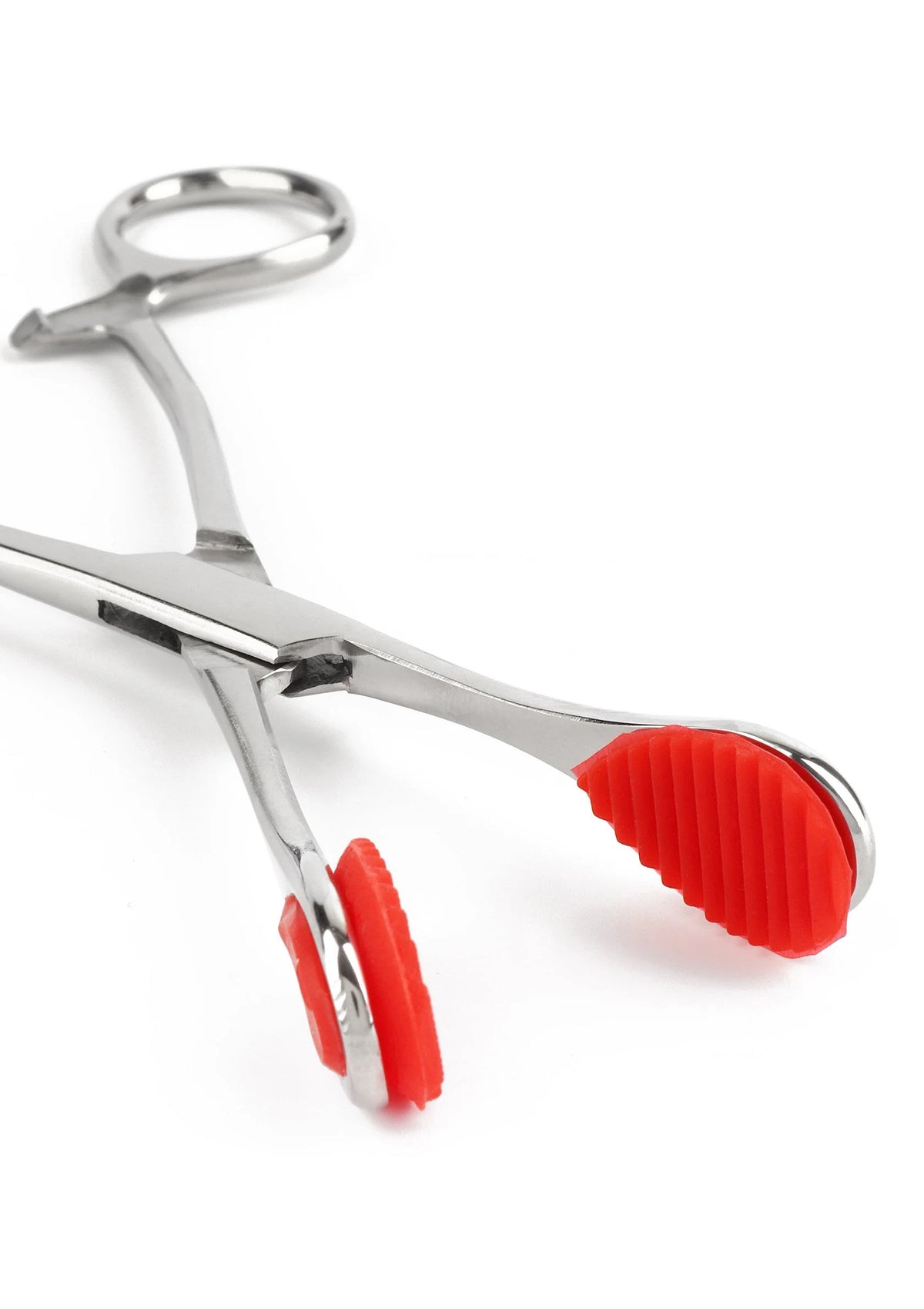 Tongtang met rode ribbel-inzetstukken en ringhandgreep, RVS, Mr. Steel