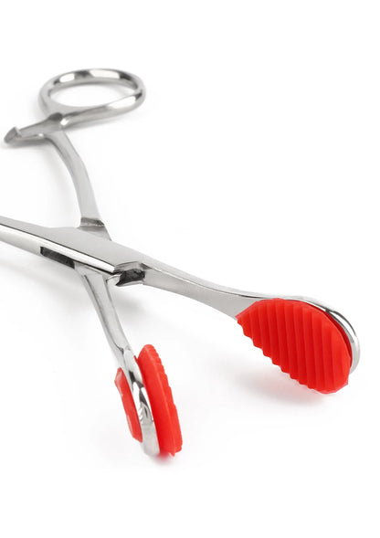 Tongtang met rode ribbel-inzetstukken en ringhandgreep, RVS, Mr. Steel
