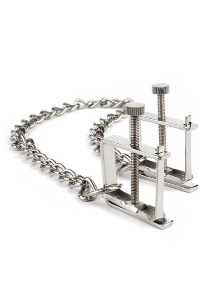 Bestel: Press Nipple Clamps With Chain by Mr. Steel - bij Happytoys: de erotische sex webshop | liever Happy dan Easy ⭐⭐⭐⭐⭐