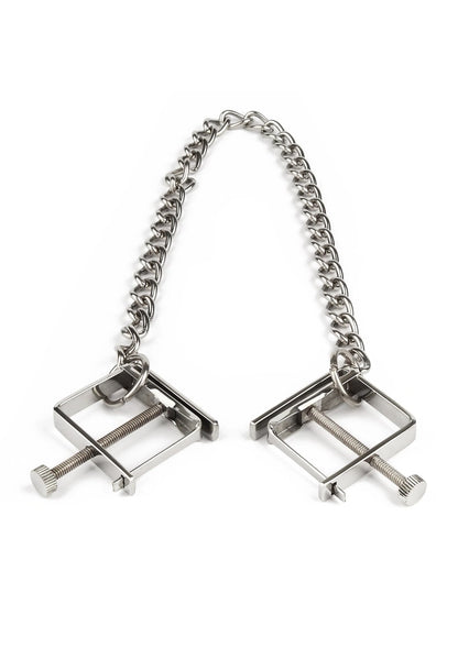 Bestel: Press Nipple Clamps With Chain by Mr. Steel - bij Happytoys: de erotische sex webshop | liever Happy dan Easy ⭐⭐⭐⭐⭐
