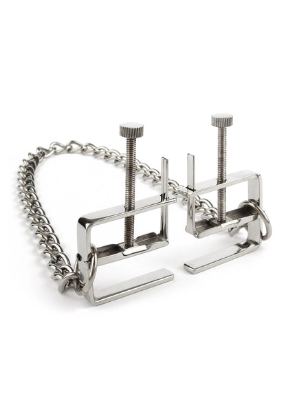 Bestel: Press Nipple Clamps With Chain by Mr. Steel - bij Happytoys: de erotische sex webshop | liever Happy dan Easy ⭐⭐⭐⭐⭐