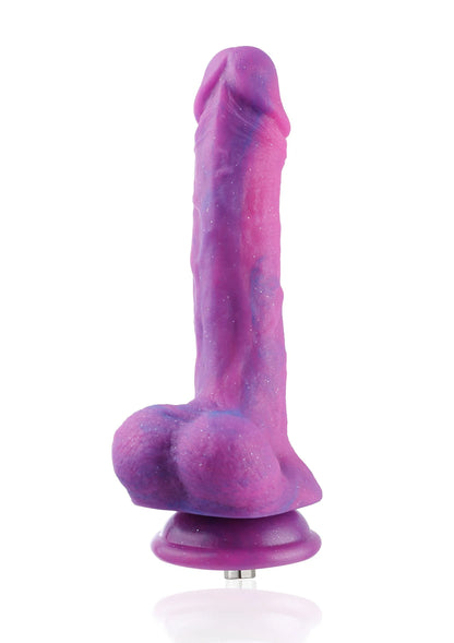 Paarse dildo met ronde voetbasis en metalen koppelstuk onderaan