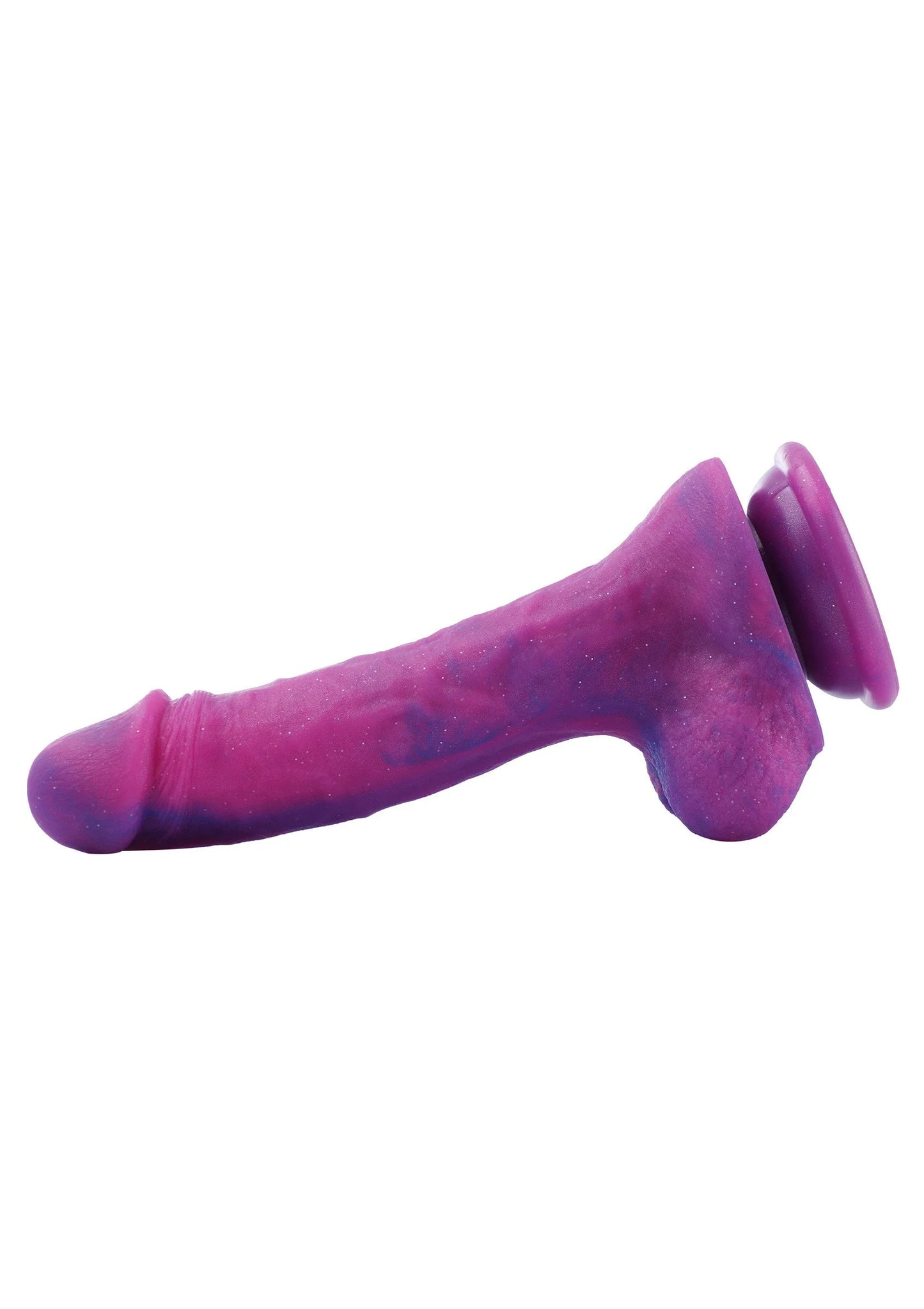 Paarse dildo in zijaanzicht met licht taps toelopende top