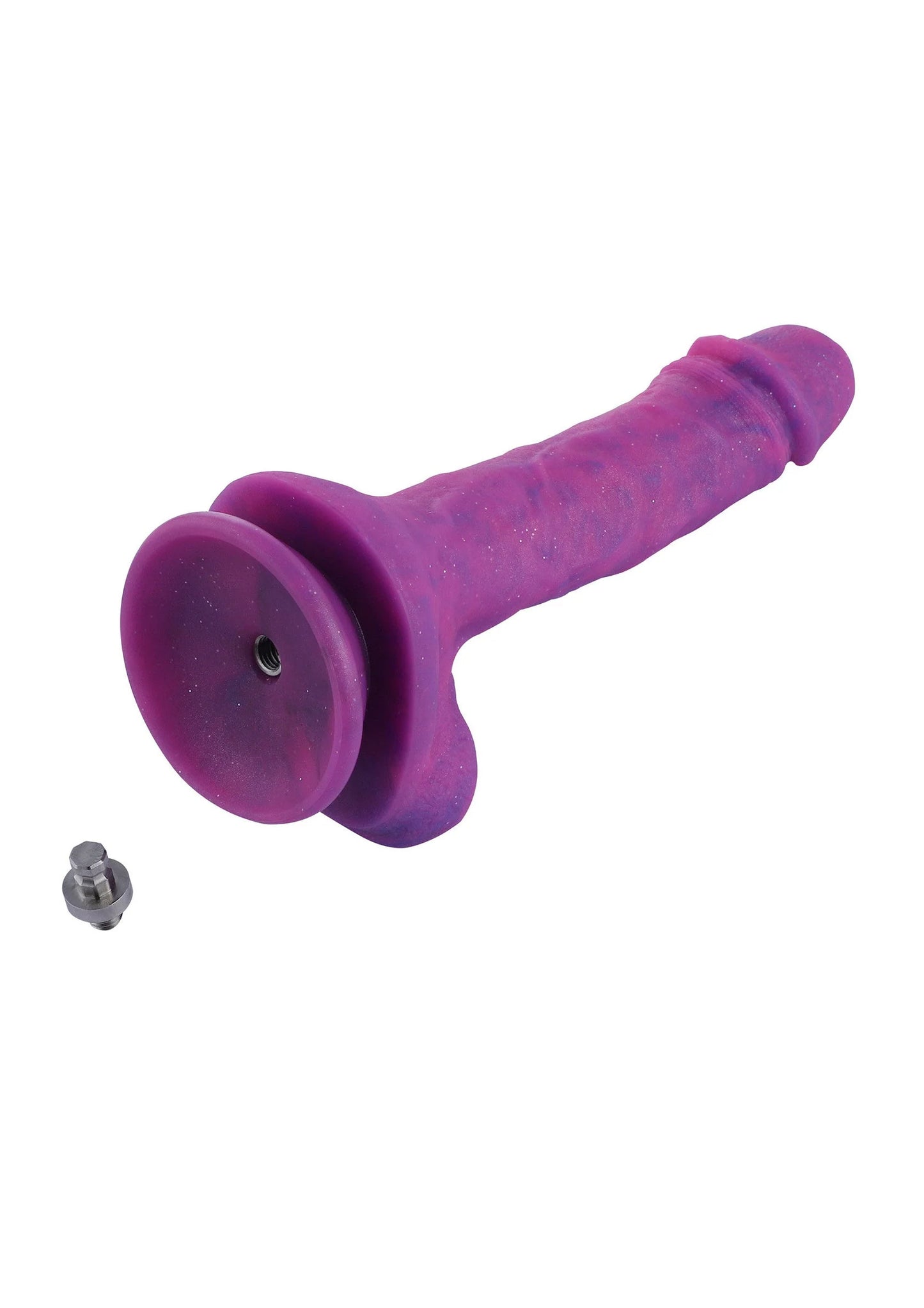 Paarse dildo met opening in brede kop en los metaalonderdeel