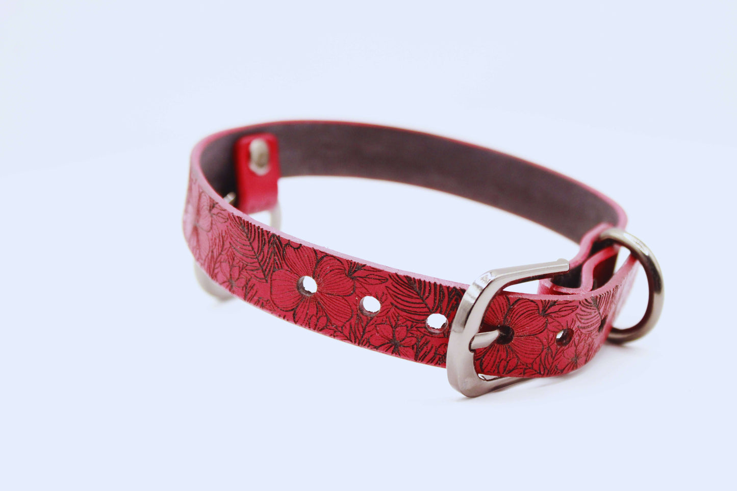 Submissive Collar Red Floral Leather Choker | Discreet Day Collar