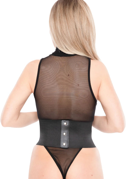 Zwarte taille-cincher met gespen en studs, mesh achterkant met smalle band