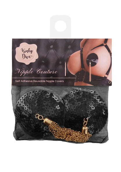 Kinky Diva speenafdekkers: zwarte pailletset met gouden kettingen op verpakking