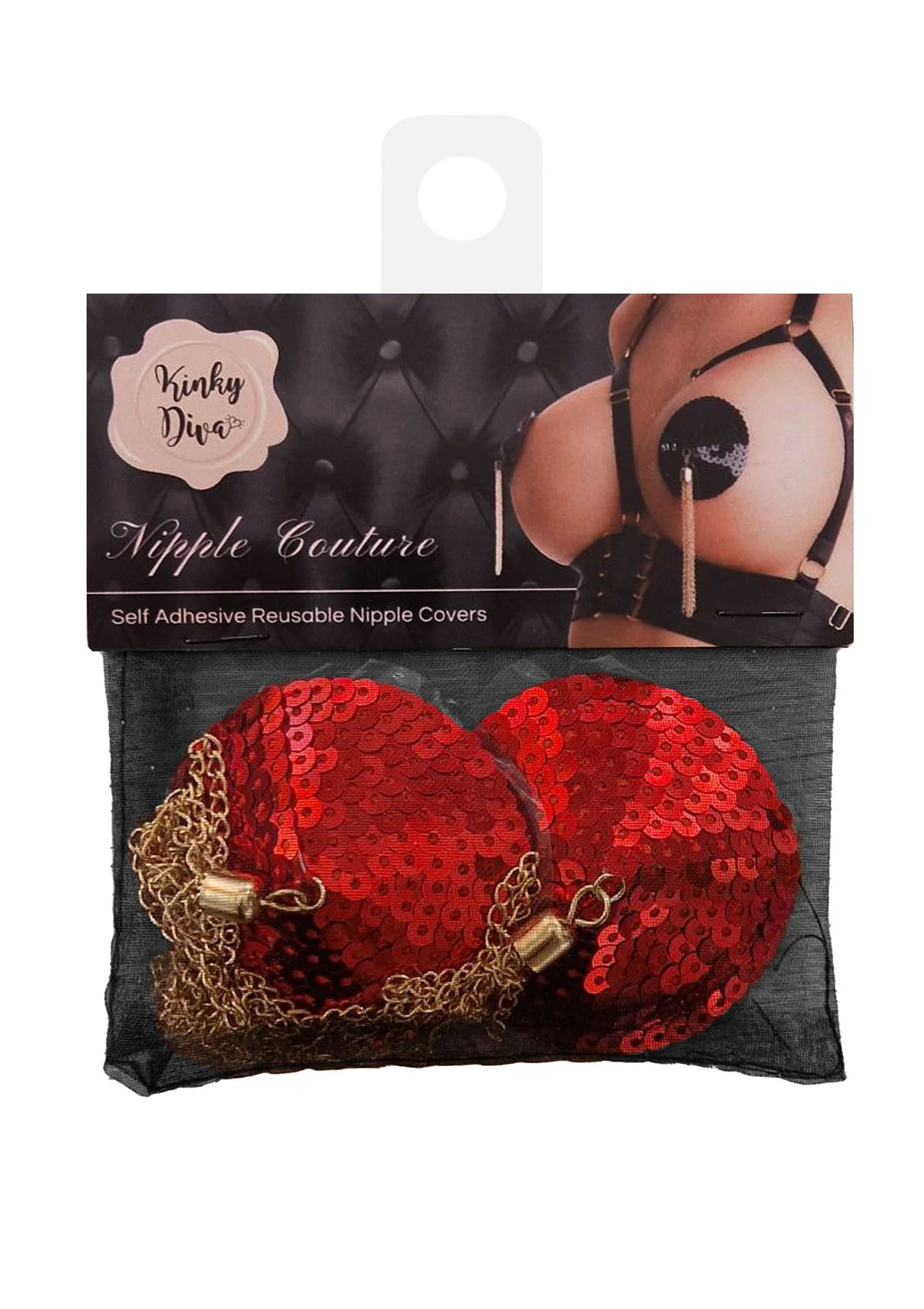 Verpakking met rode pailletten tepelcovers en gouden kettingkwastjes