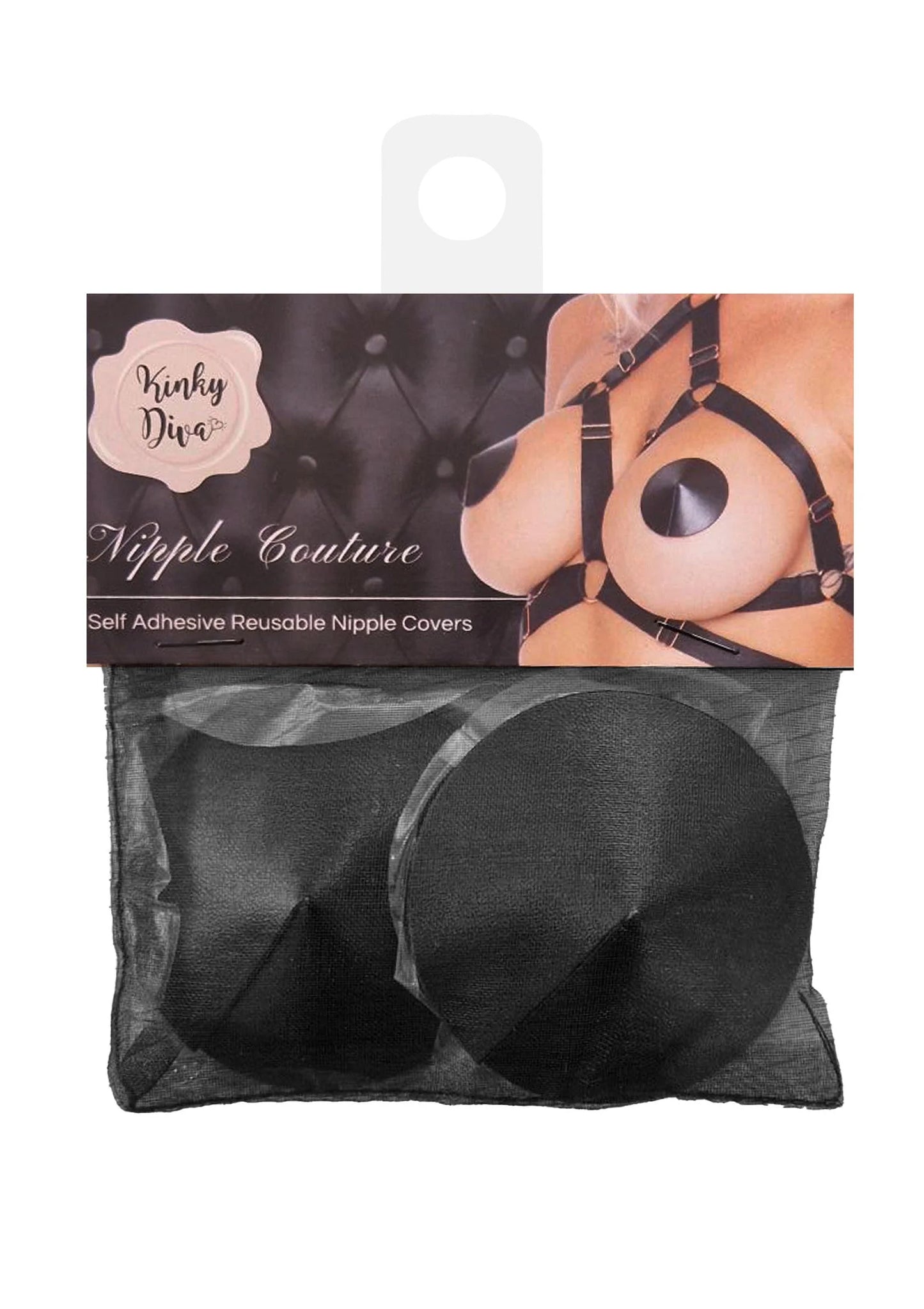 Kinky Diva verpakking: zelfklevende herbruikbare tepelcovers, twee ronde pads