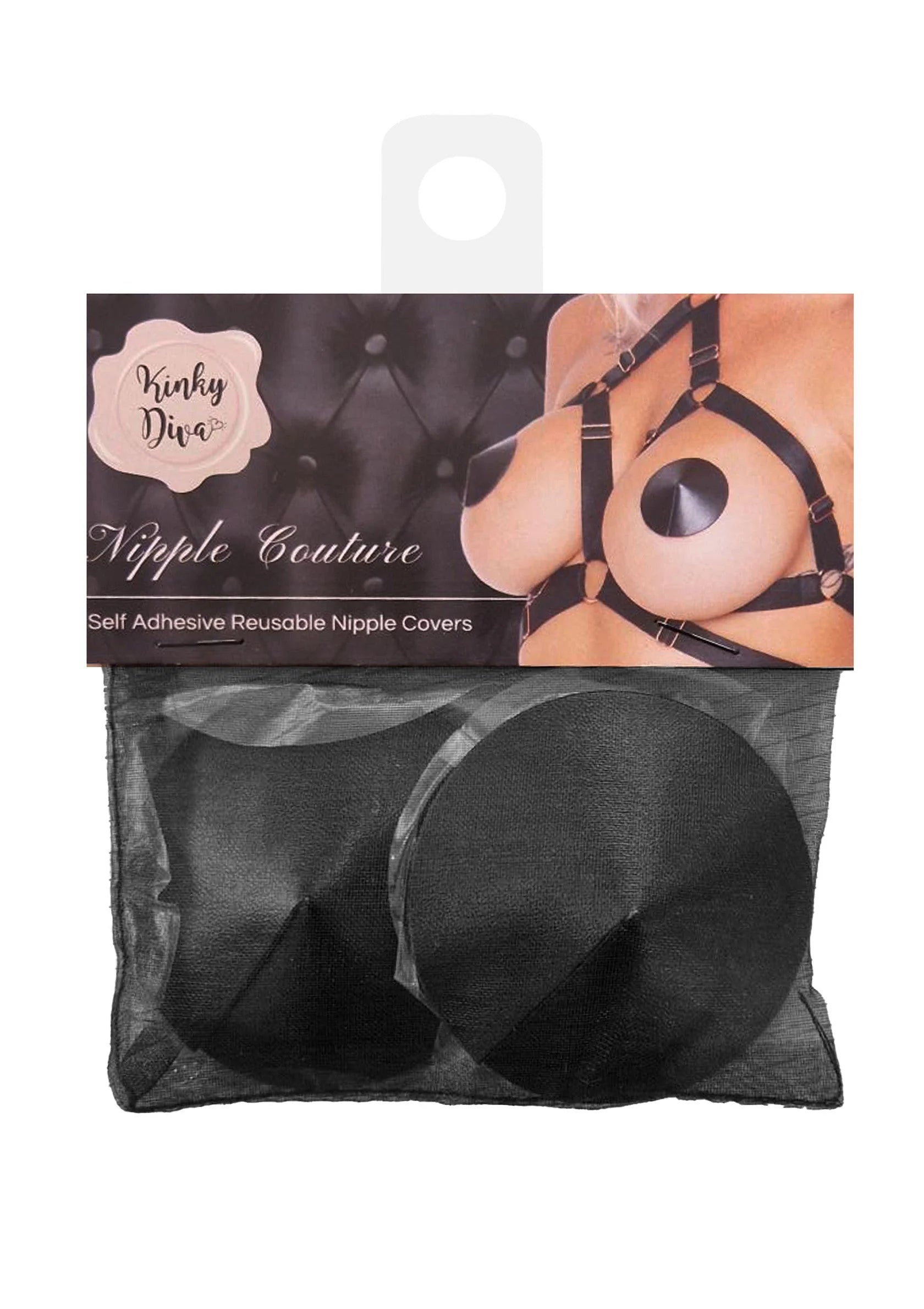 Kinky Diva verpakking: zelfklevende herbruikbare tepelcovers, twee ronde pads