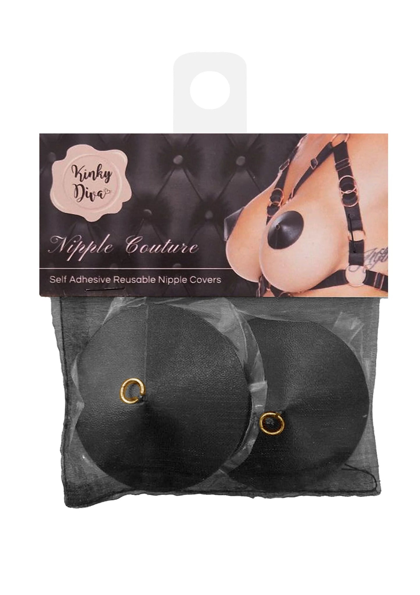 Verpakking met twee zwarte PU-leer nippelstickers met goudkleurige ringoogjes