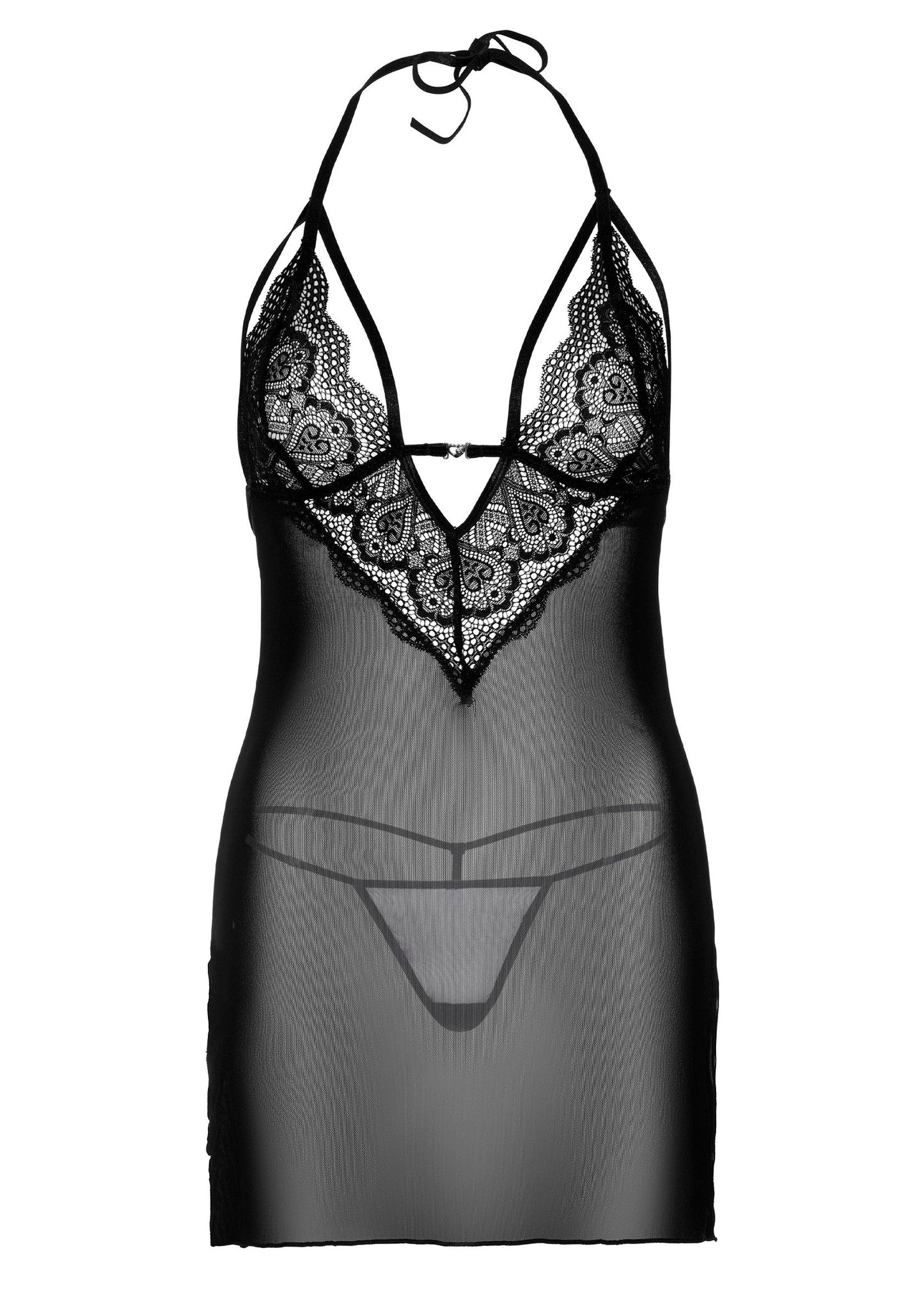 Zwarte kanten babydoll met bijpassende string en driehoekige inzet