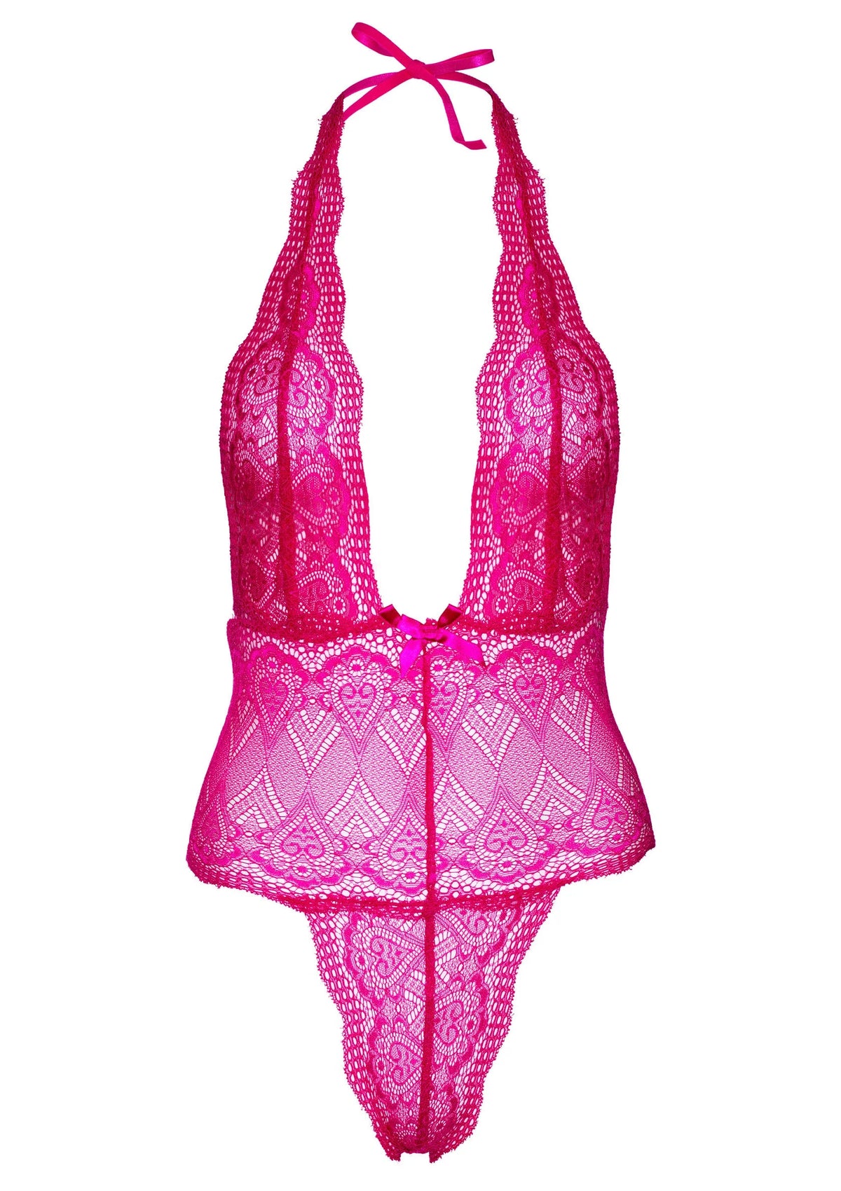 Roze kant teddy met halterbandjes en open rug