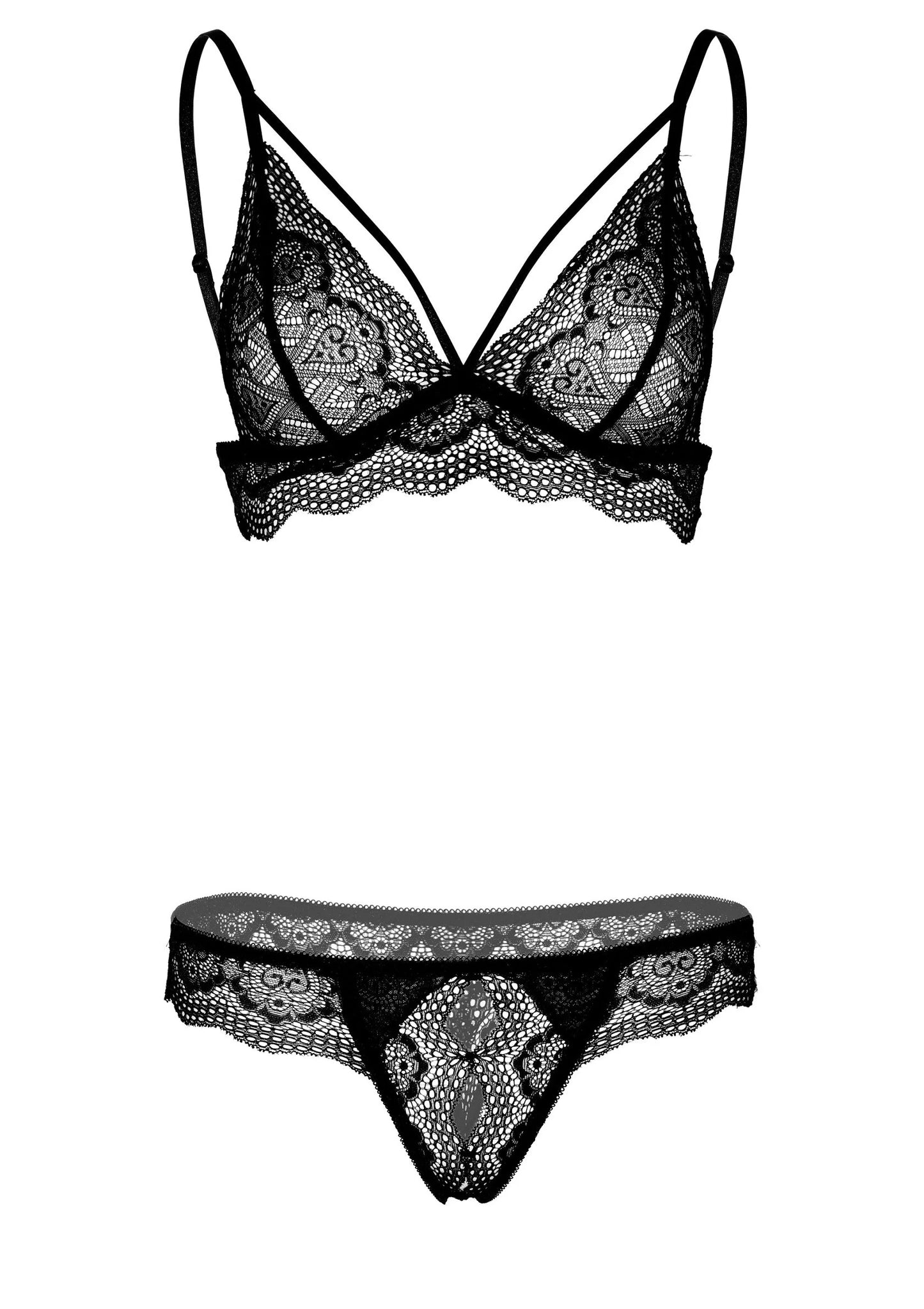 Zwarte kanten bh en crotchless slipset, plat gelegd met beugel en open kruis
