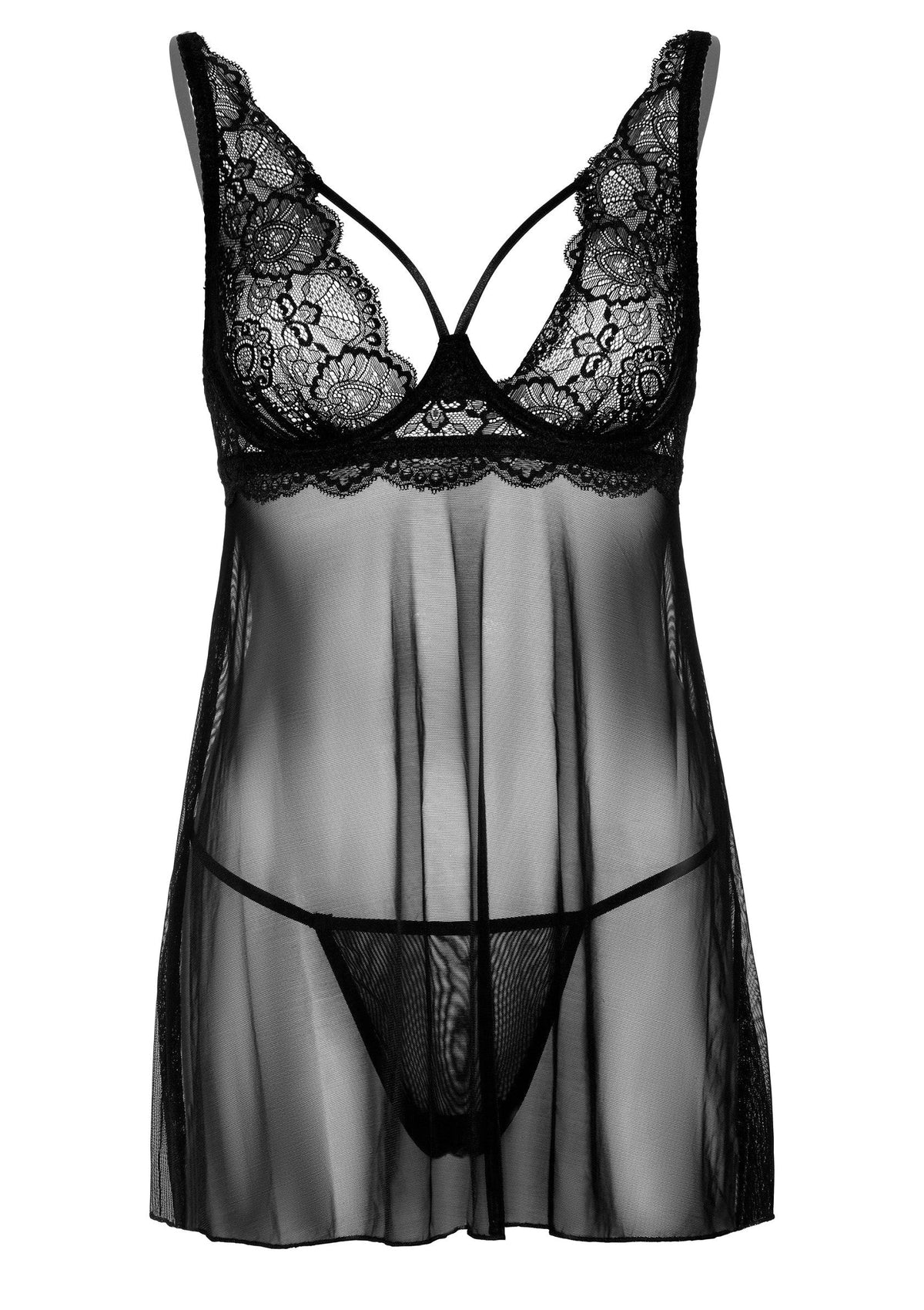 Zwarte kanten babydoll met beugelbh, transparant rokje en bijpassende string