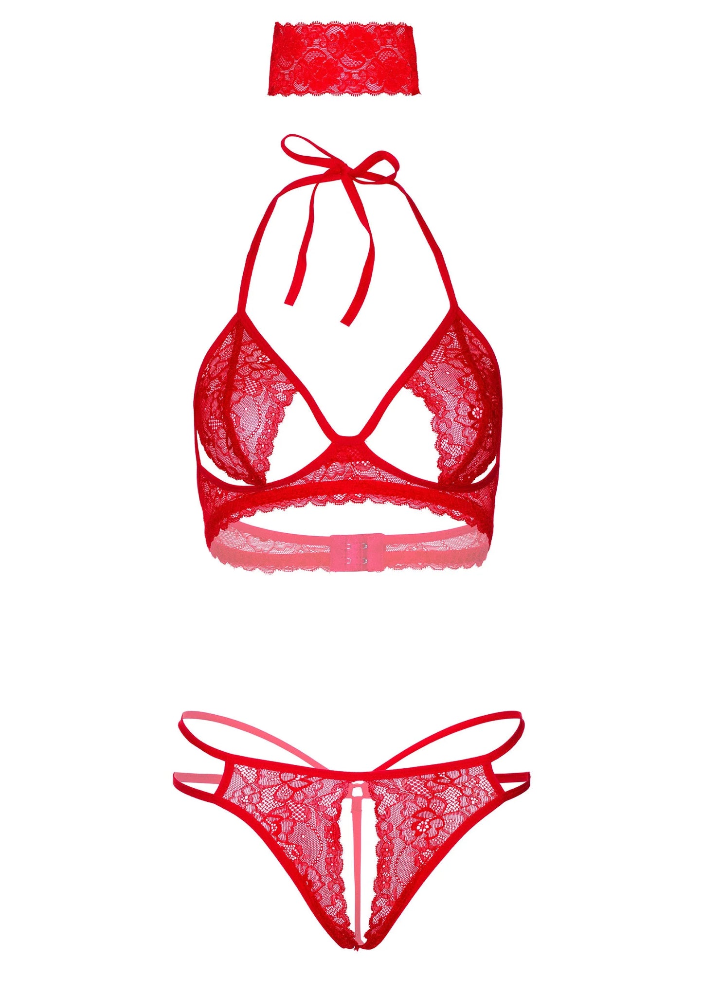 Rode kanten set: bh, slip en blinddoek, items los afgebeeld