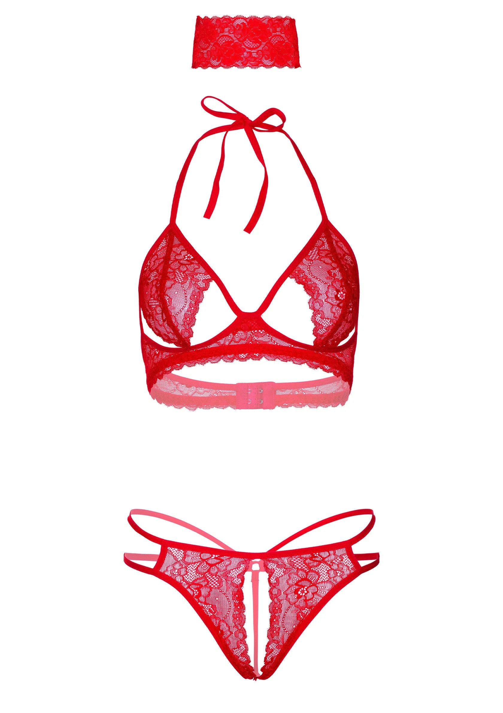 Rode kanten set: bh, slip en blinddoek, items los afgebeeld