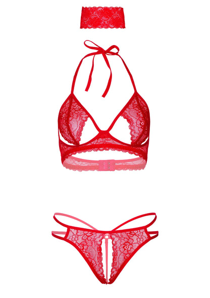 Rode kanten set: bh, slip en blinddoek, items los afgebeeld