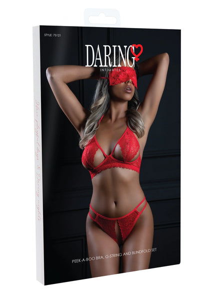 Daring Intimates productverpakking met rode kanten lingerie set en blinddoek.