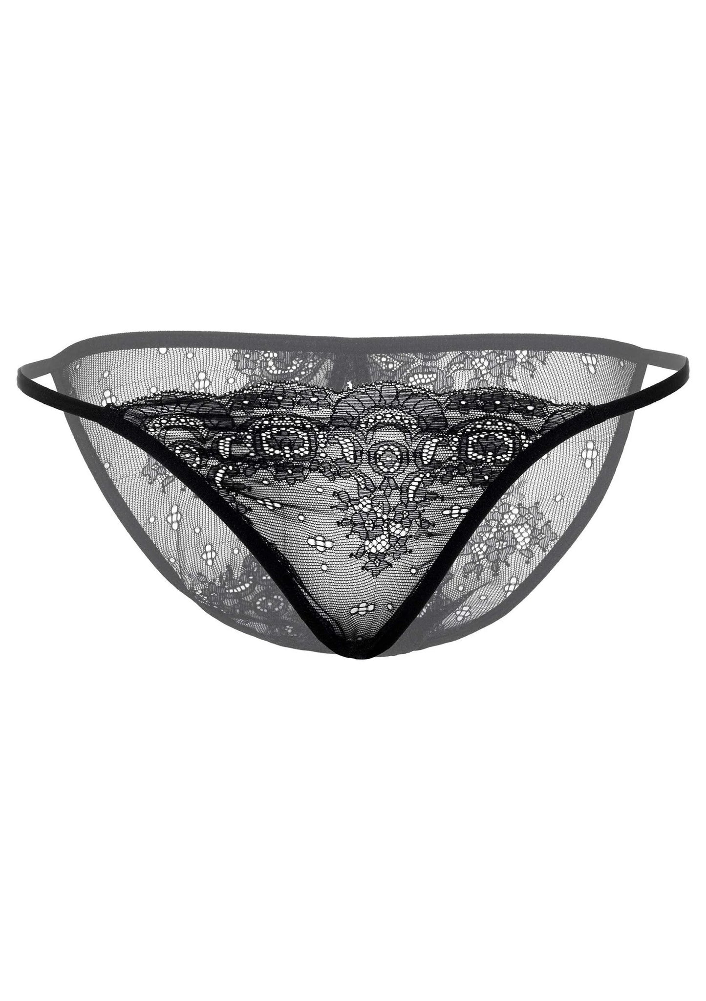 Zwarte transparante crotchless slip met sierkant, elastische boord en open kruis