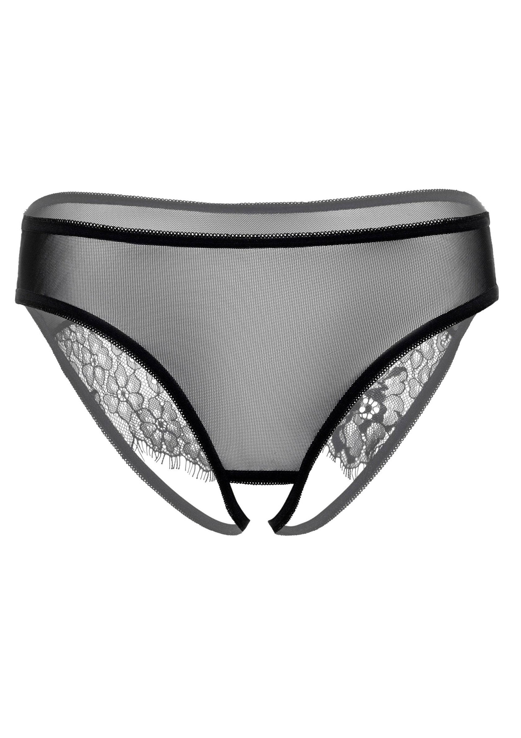 Zwarte kruisloze slip in mesh met kanten inzet en brede tailleband