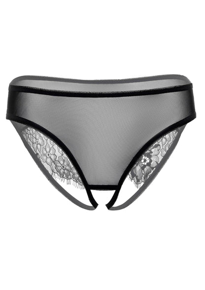 Zwarte kruisloze slip in mesh met kanten inzet en brede tailleband