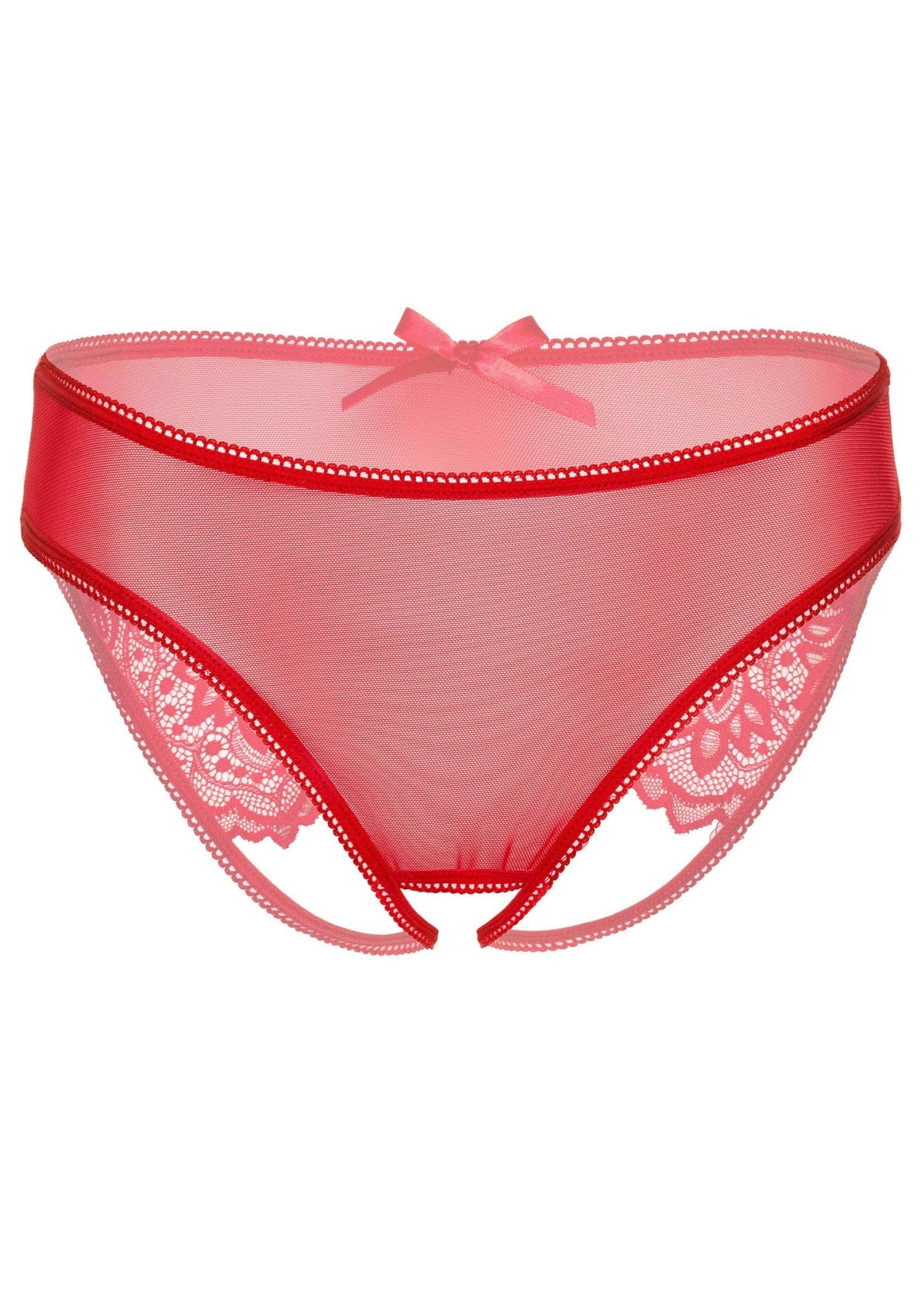 Rode crotchless panty in kant met open kruis, bovenaanzicht