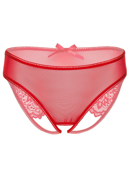 Rode crotchless panty in kant met open kruis, bovenaanzicht