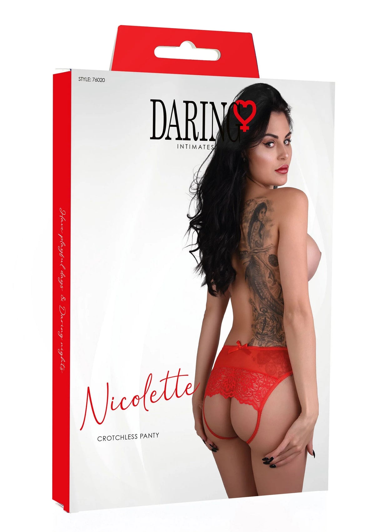 Crotchless panty met kant, rood, op verpakking met model aan de zijkant