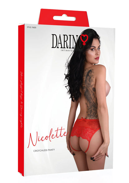 Crotchless panty met kant, rood, op verpakking met model aan de zijkant