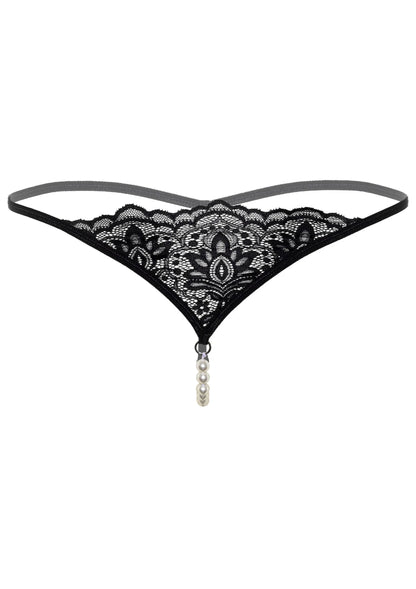 Zwarte kanten g-string met parelaccent: hangende kraal in het midden en dunne bandjes.