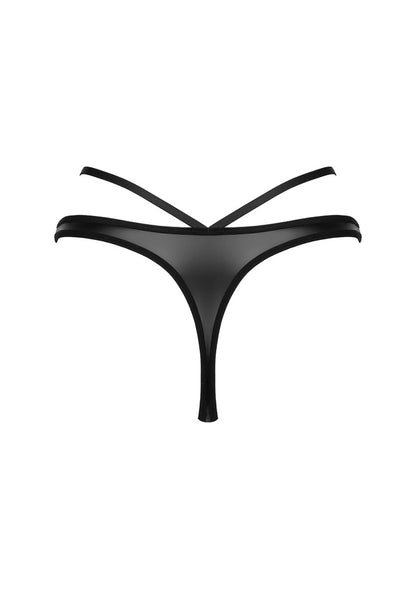 Zwarte stringtanga zijaanzicht met dunne bandjes en hoge beenuitsnijding