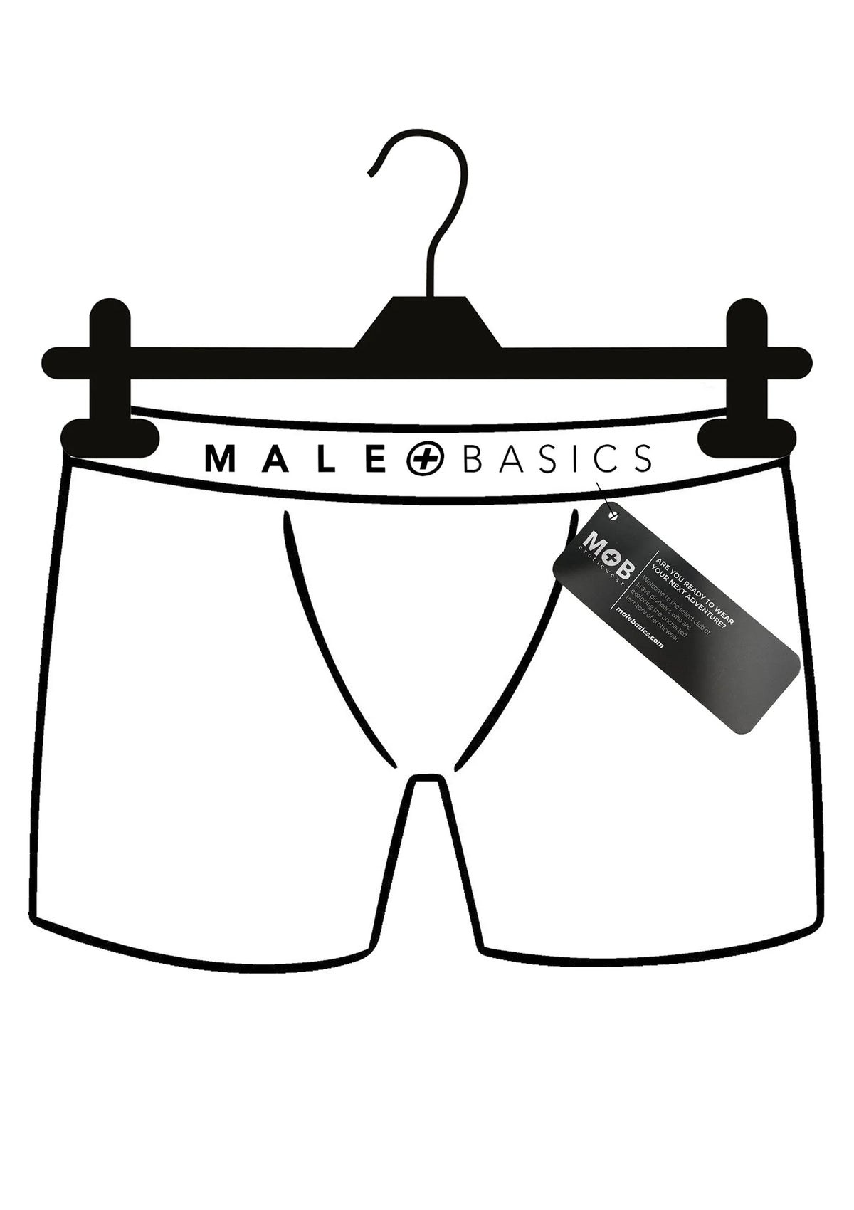 Male Basics string aan hanger, zwart met bandlogo en M+B label aan de zijkant