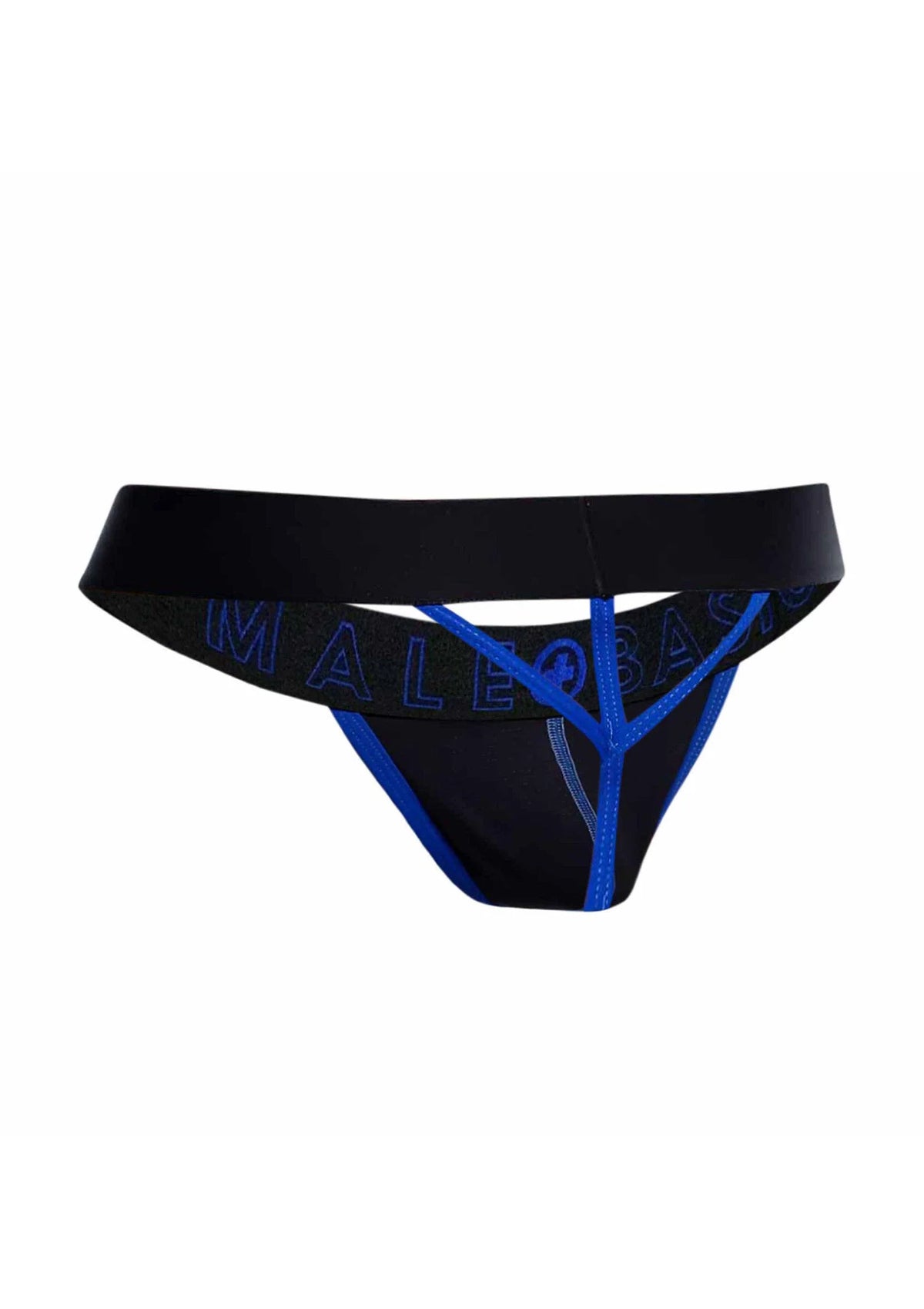 Zwarte heren string met blauwe biezen en MaleBasics-logo, achterzijde