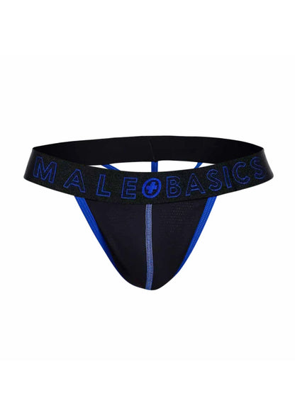 Zwarte heren string met blauwe biezen en MaleBasics-logo op tailleband